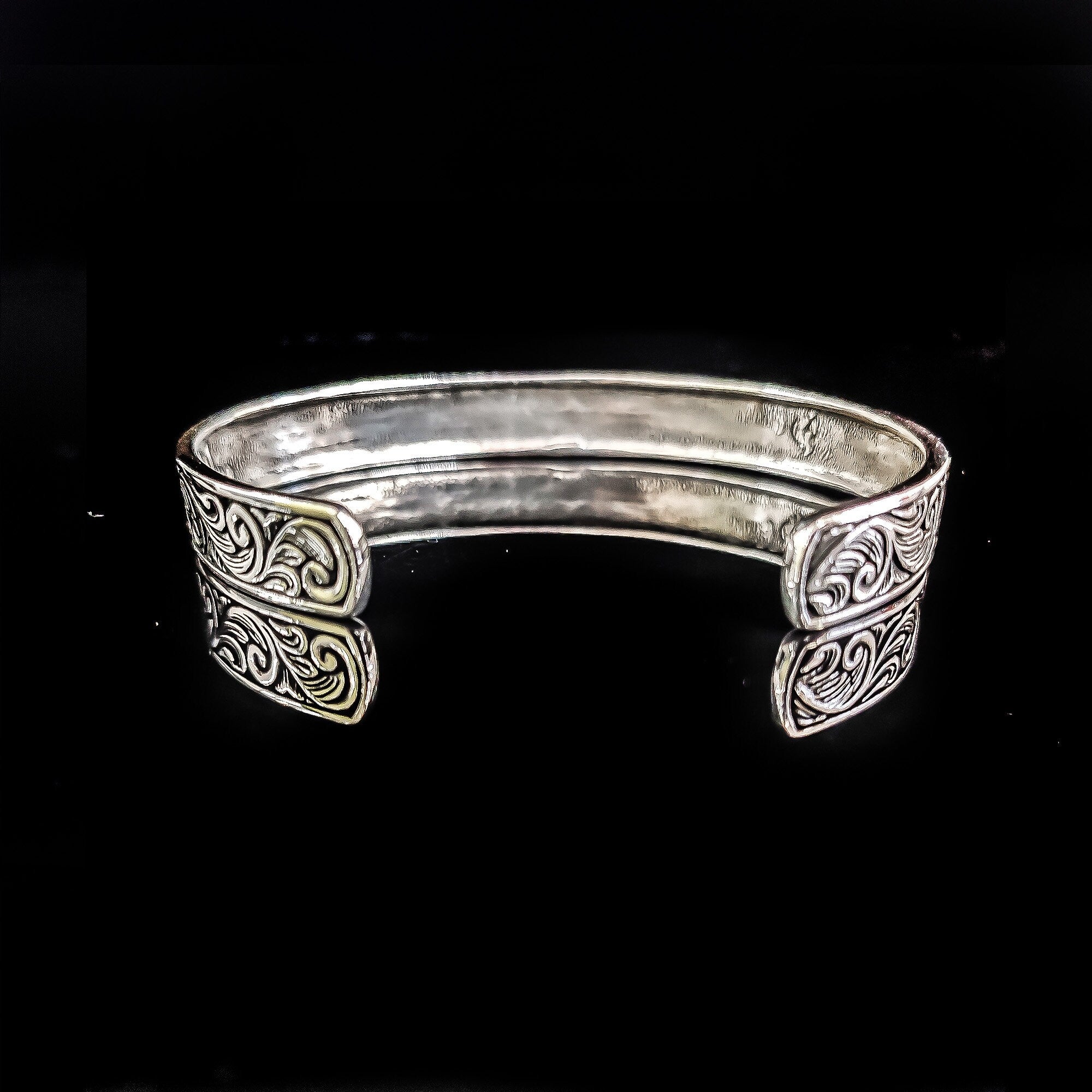 Sterling Silver Cuff Bracelet: Handmade Engraved - Adjustable Fit