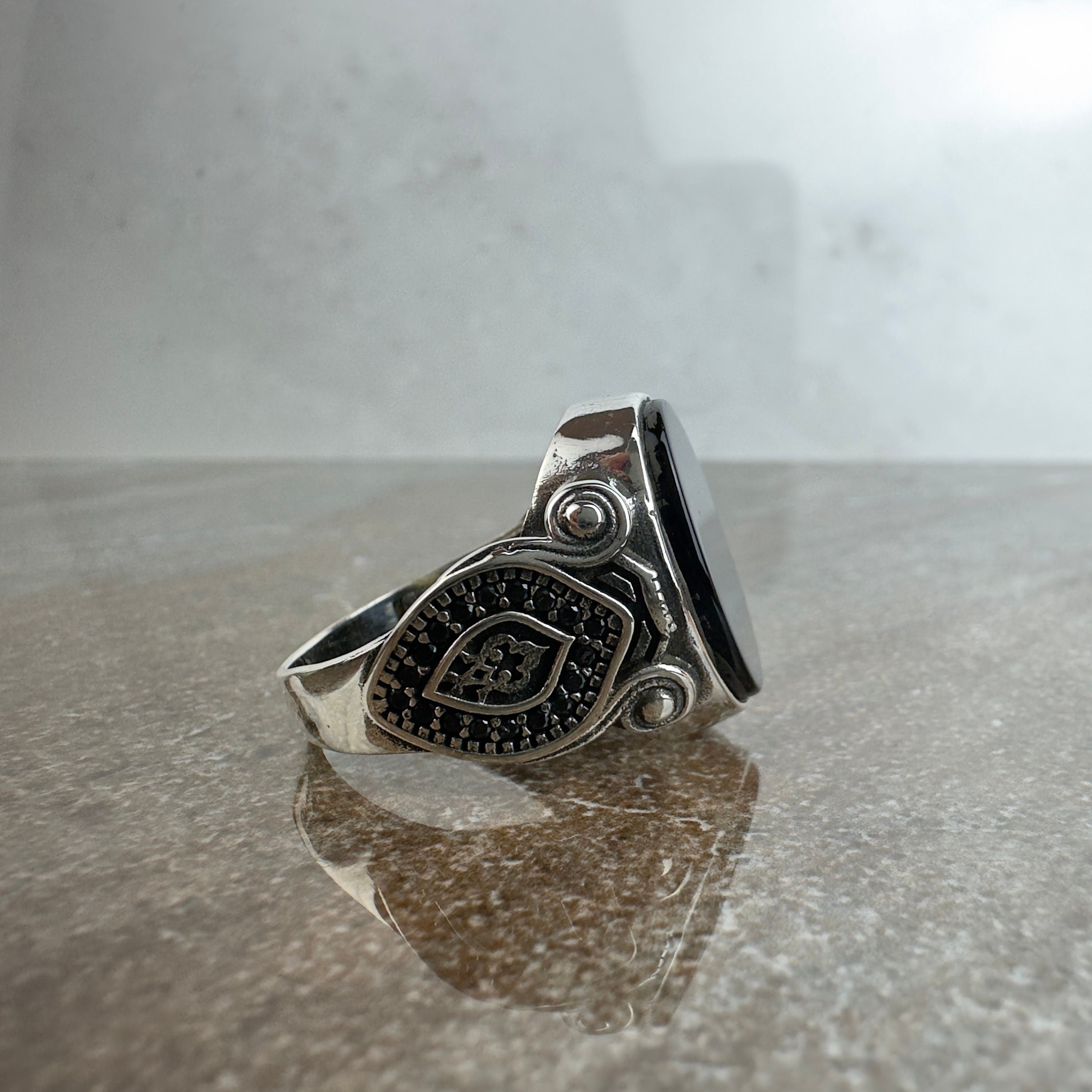 Sterling Silver Ring: Onyx Gemstone with Eagle Design - Handmade