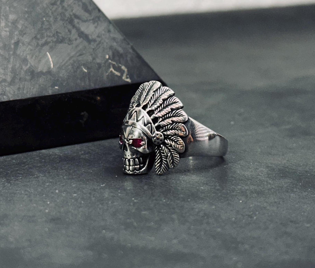 Indian Chief Skull Ring: Sterling Silver with Cubic Zirconia - Men's Jewelry