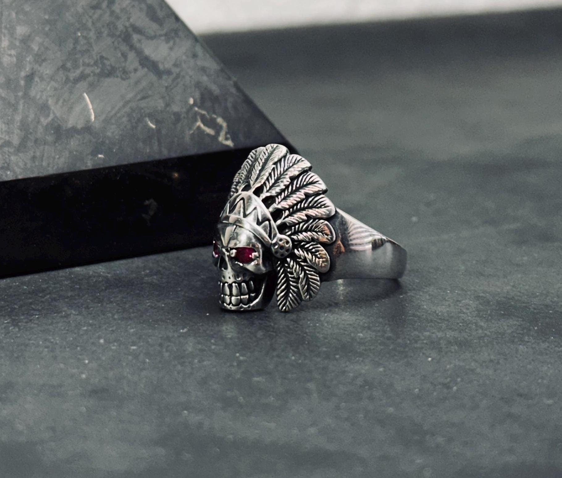 Indian Chief Skull Ring: Sterling Silver with Cubic Zirconia - Men's Jewelry