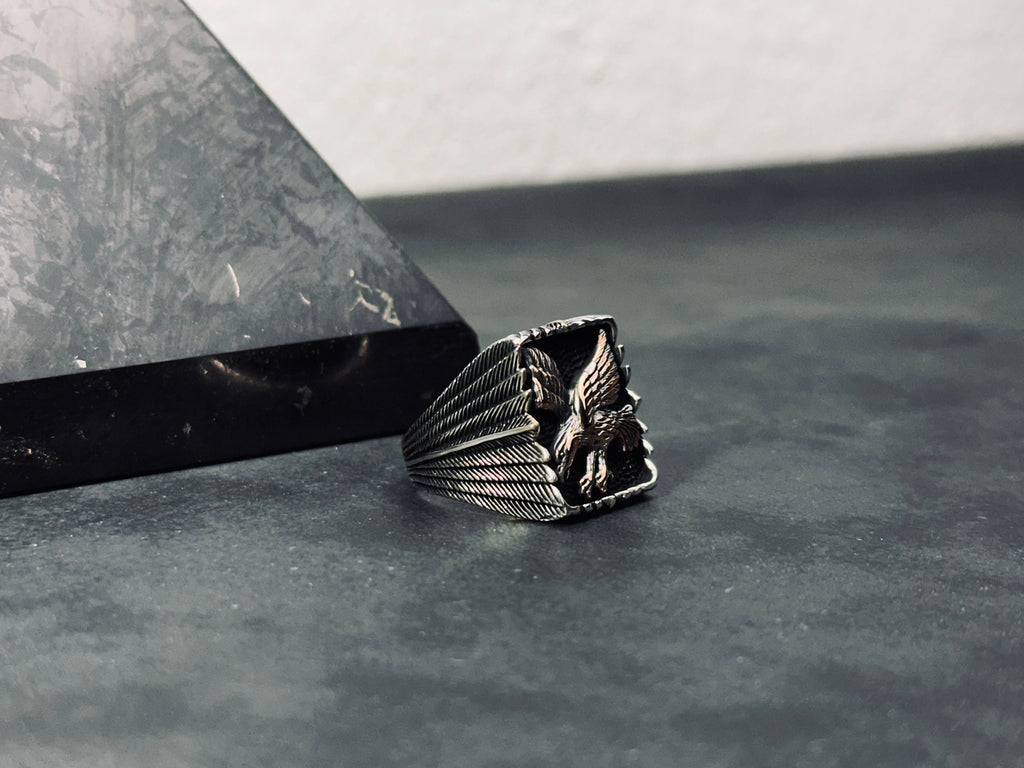 Thunderbird Ring: Oxidized Sterling Silver Eagle Band (Handmade)
