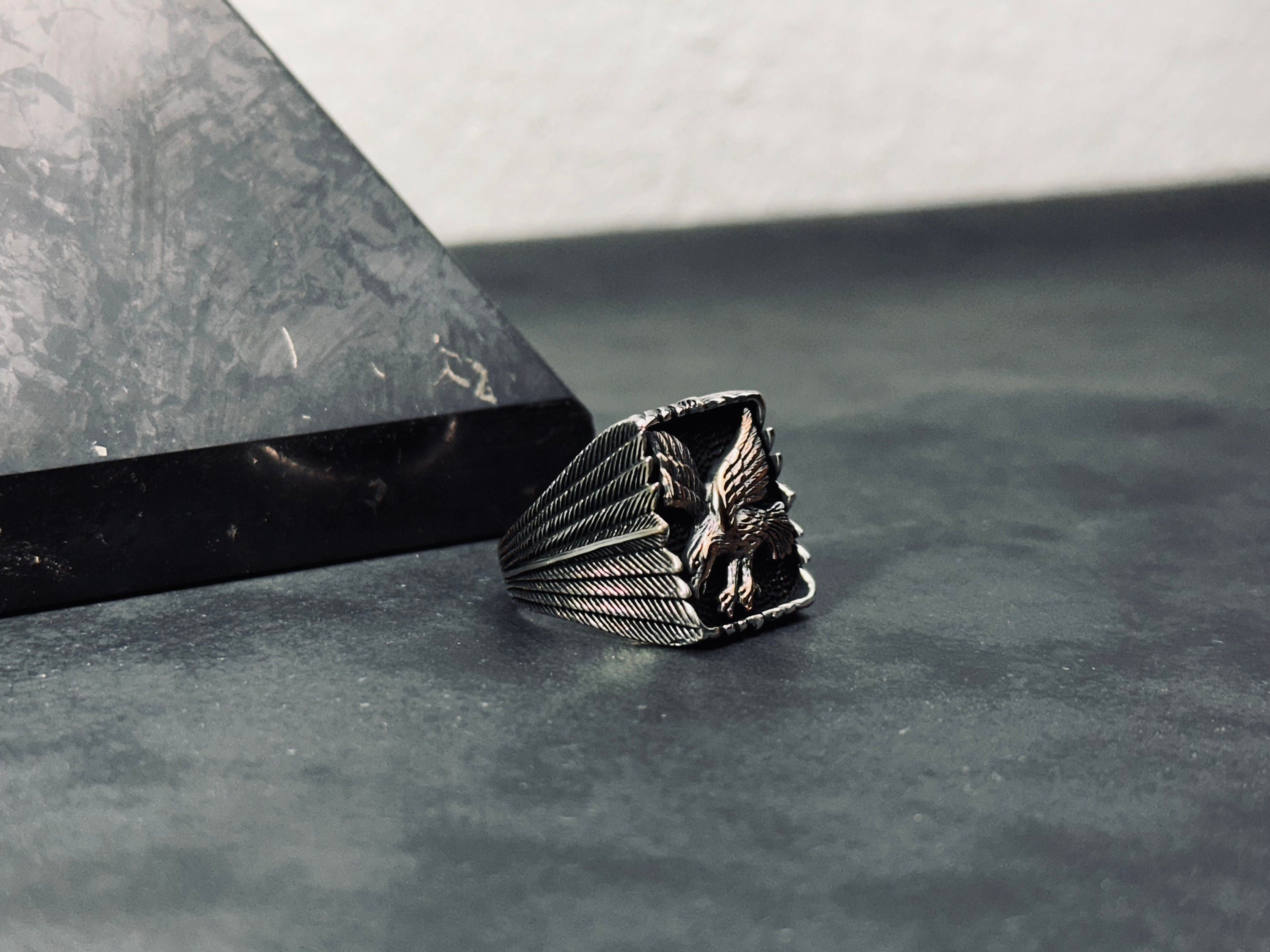 Thunderbird Ring: Oxidized Sterling Silver Eagle Band (Handmade)