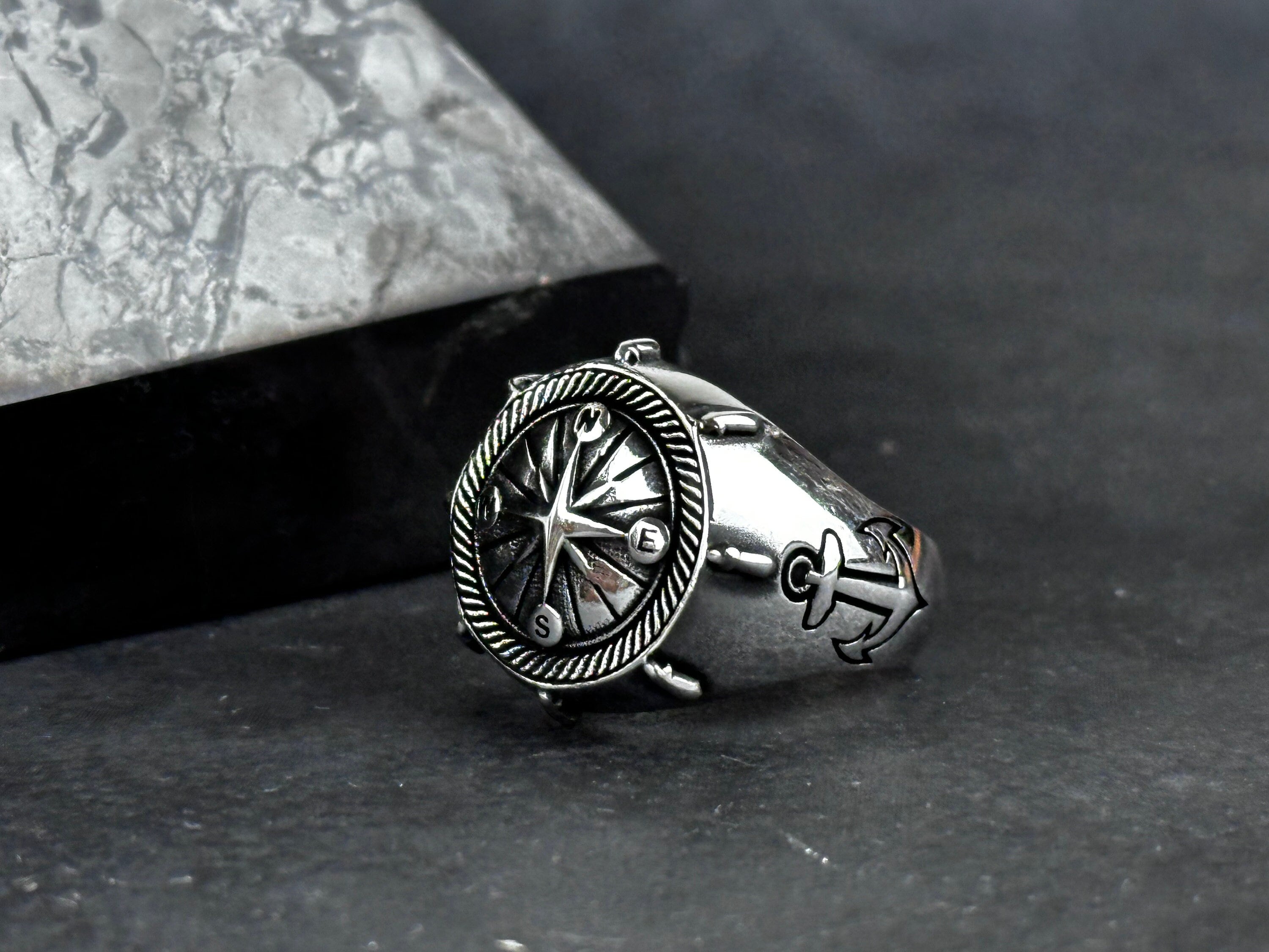 Sterling Silver Compass Ring: Sailor Design - Engraved Anchor Detail