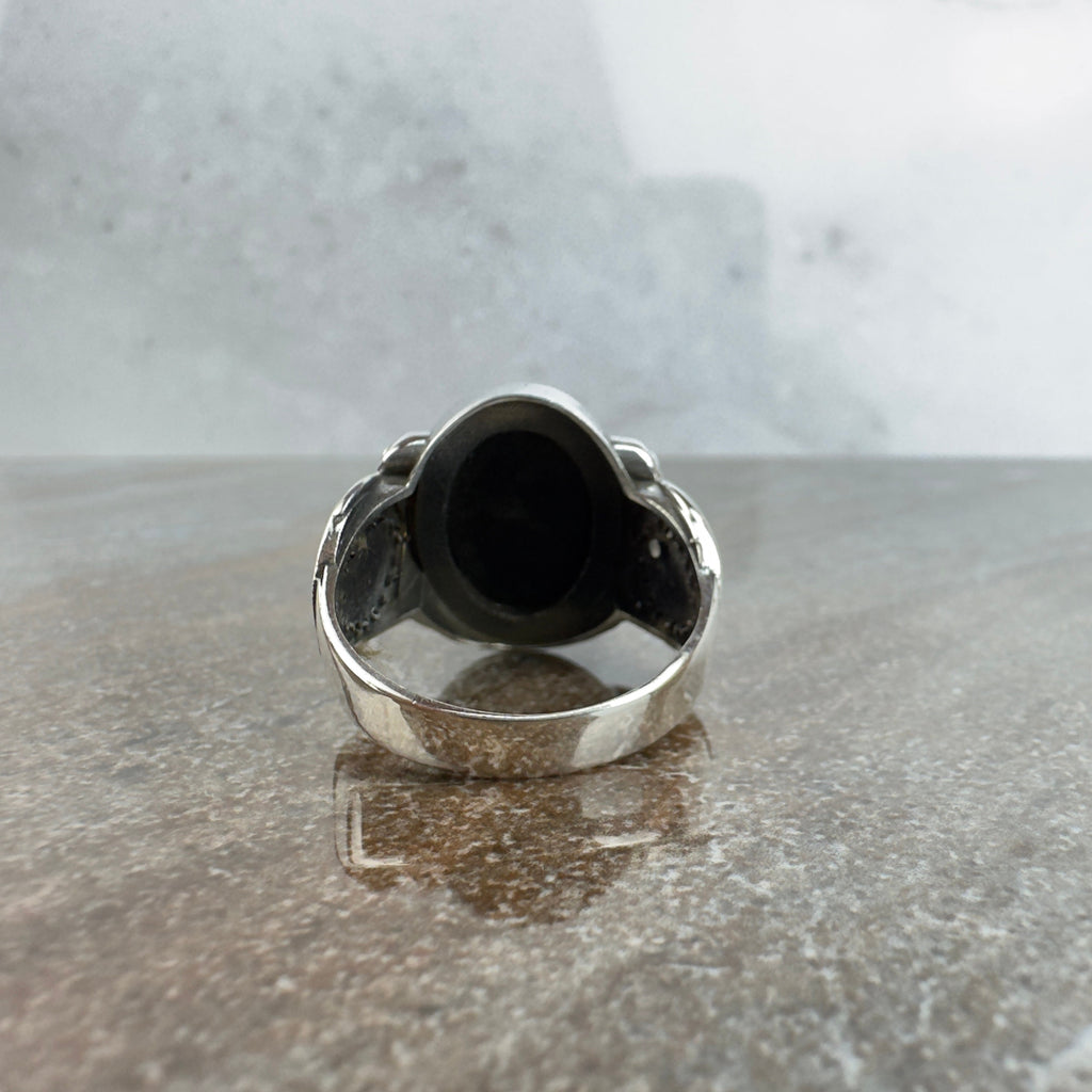 Sterling Silver Ring: Onyx Gemstone with Eagle Design - Handmade