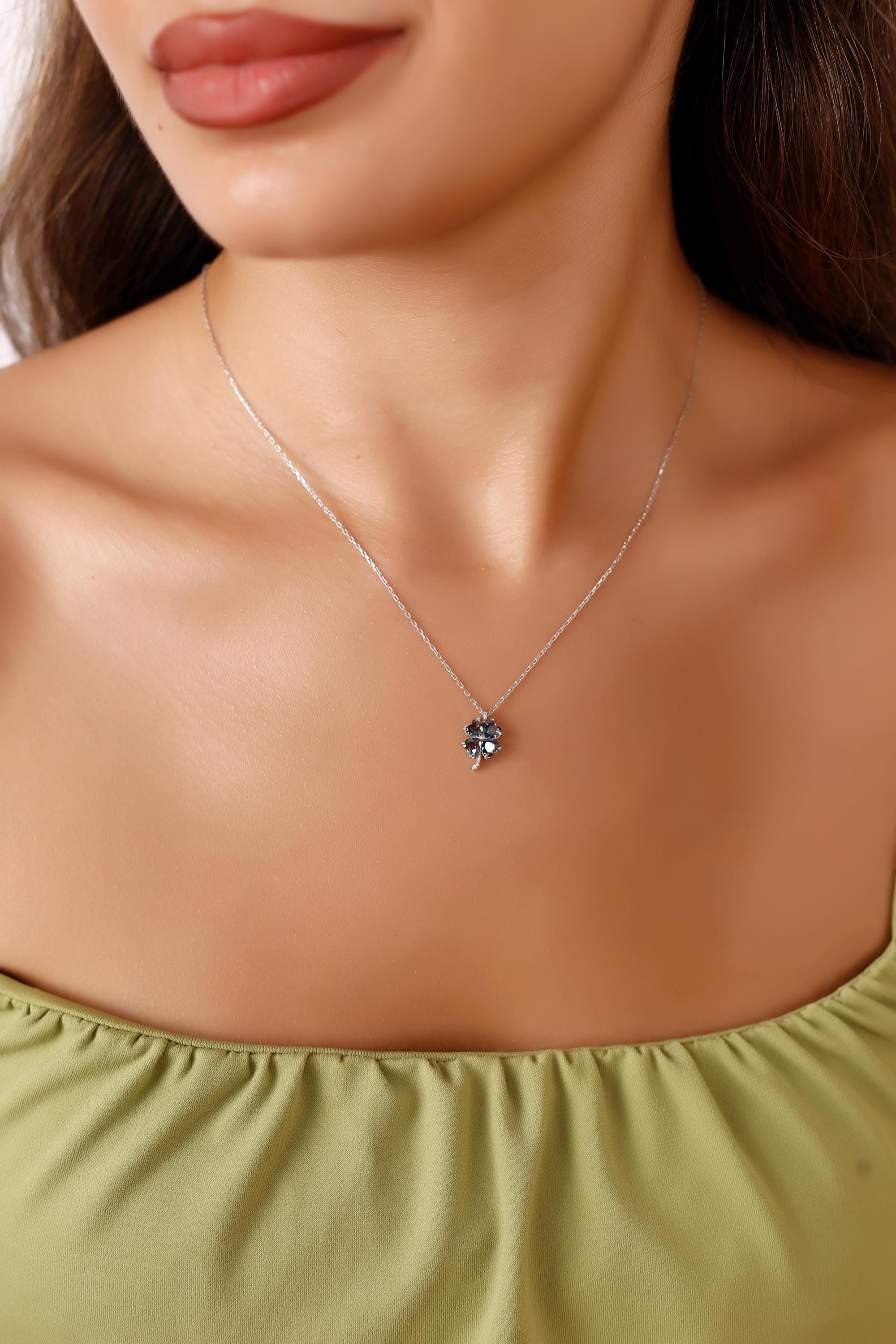 Mystic Topaz Four Flower Petal Necklace, 925 Sterling Silver Heart Cut Clover Necklace for Women