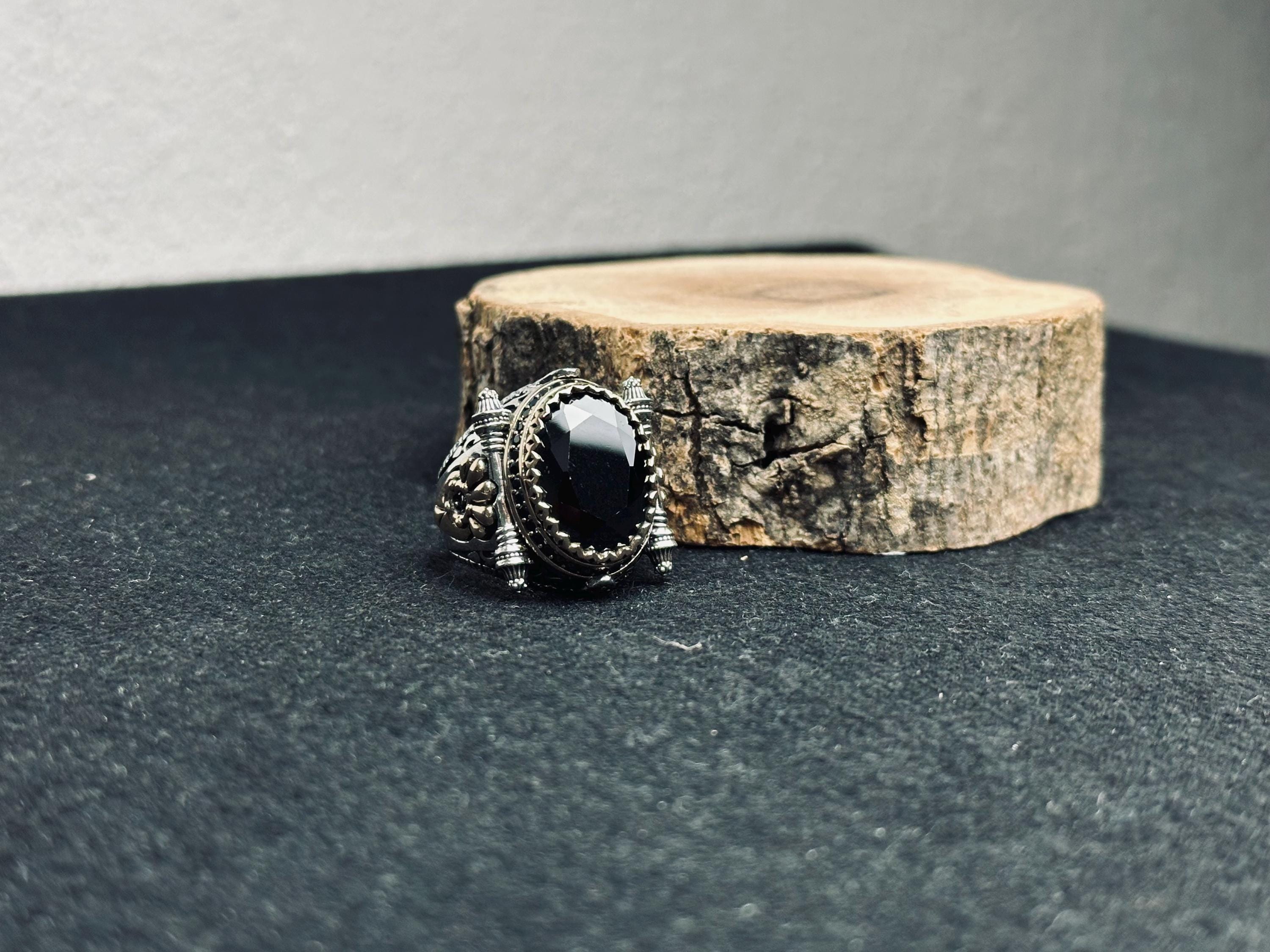 Men's Statement Silver Ring - Black Zircon, Ottoman Style