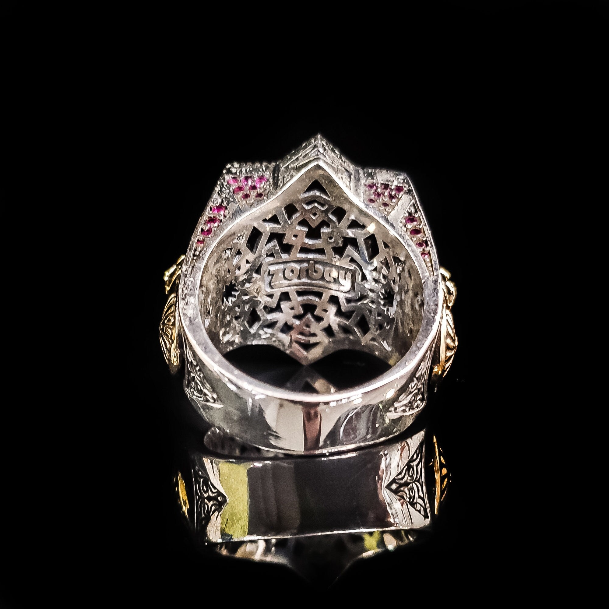 Ottoman Helmet Silver Ring, Red Zircon Accent (Men's Size)