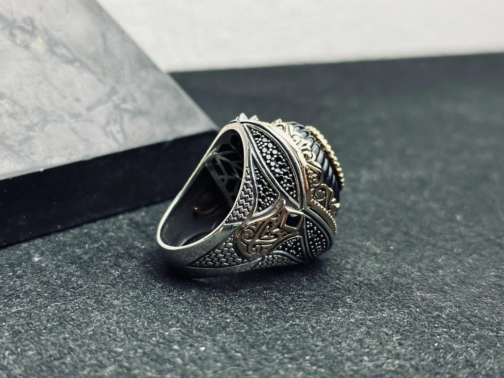 Men's Sterling Silver Ring: Turkish Moon Star - Handmade Oval Band