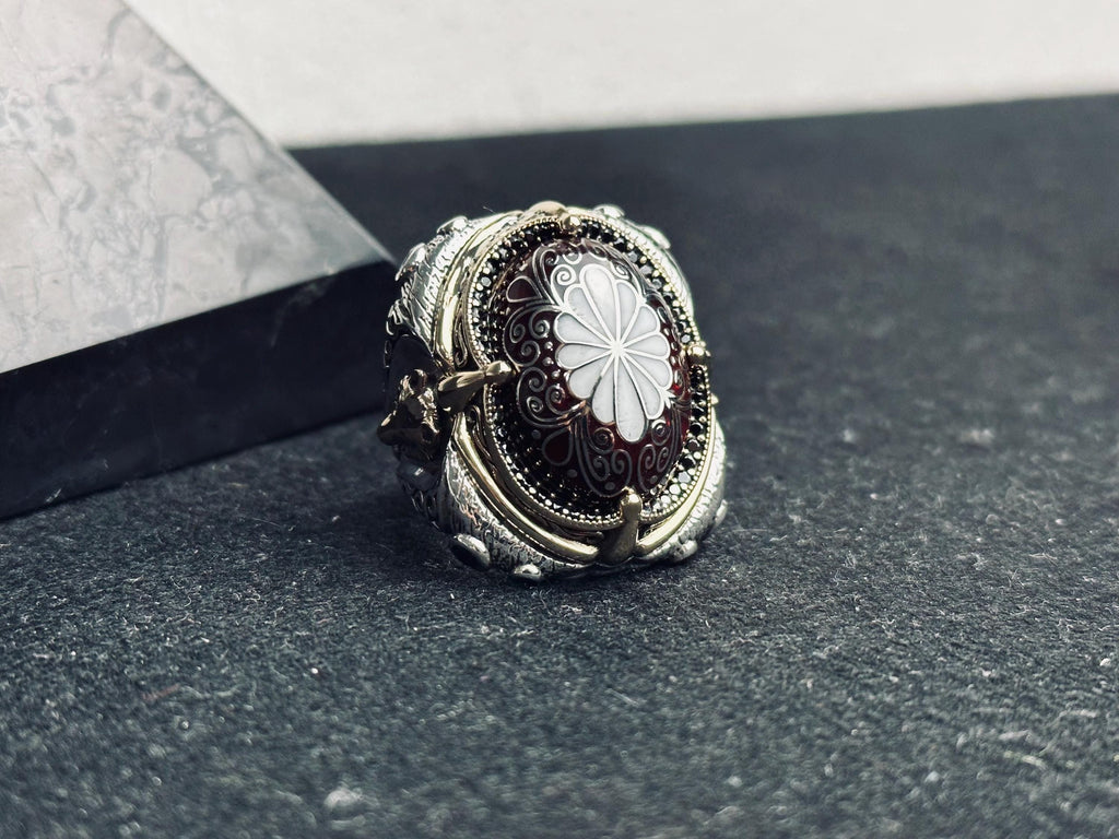 Red Enamel Ottoman Ring, 925 Sterling Silver, Turkish Jewelry