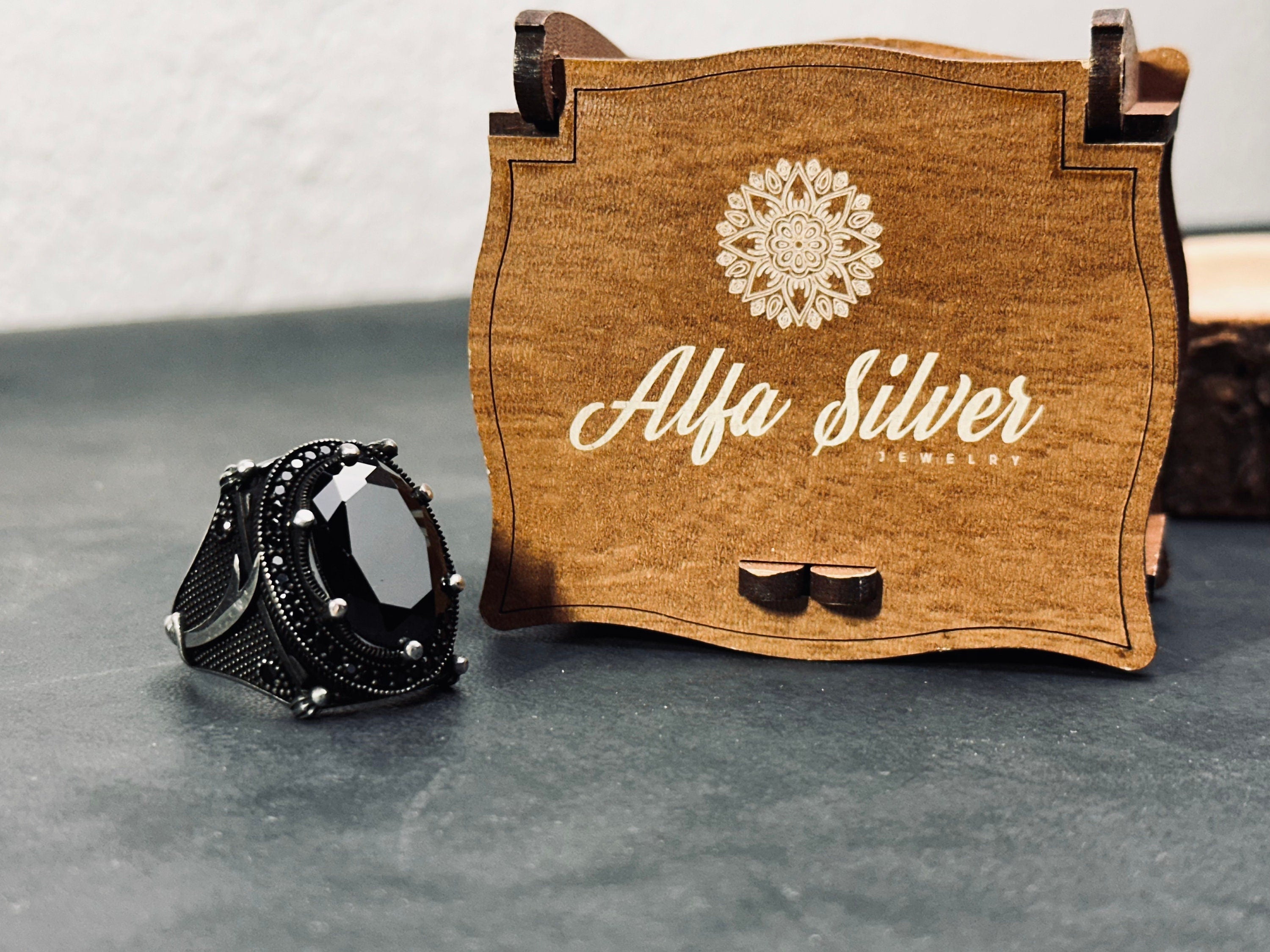 Hazrat Ali Sword Ring, Black Zircon, Sterling Silver (Men's Size)