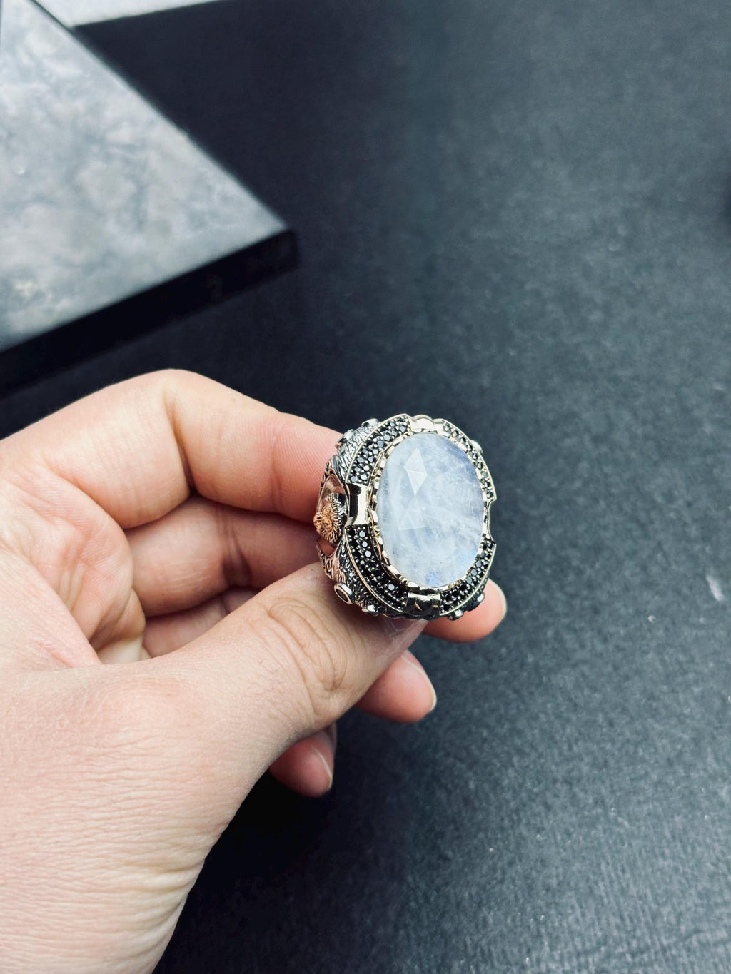 Moonstone Sterling Silver Ring, Lion Head Design (Men's Large)