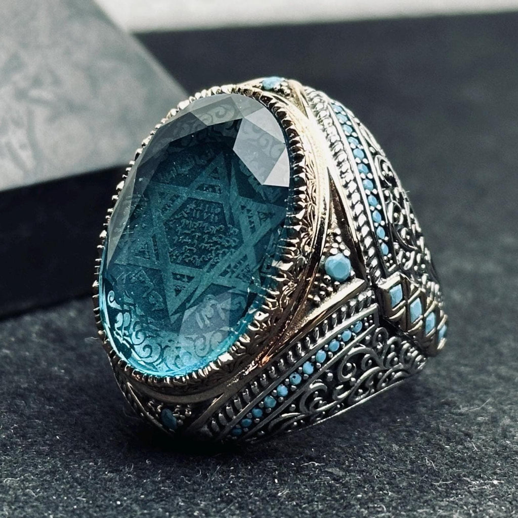 Aquamarine Silver Ring: Handmade Turkish Solomon Seal Design