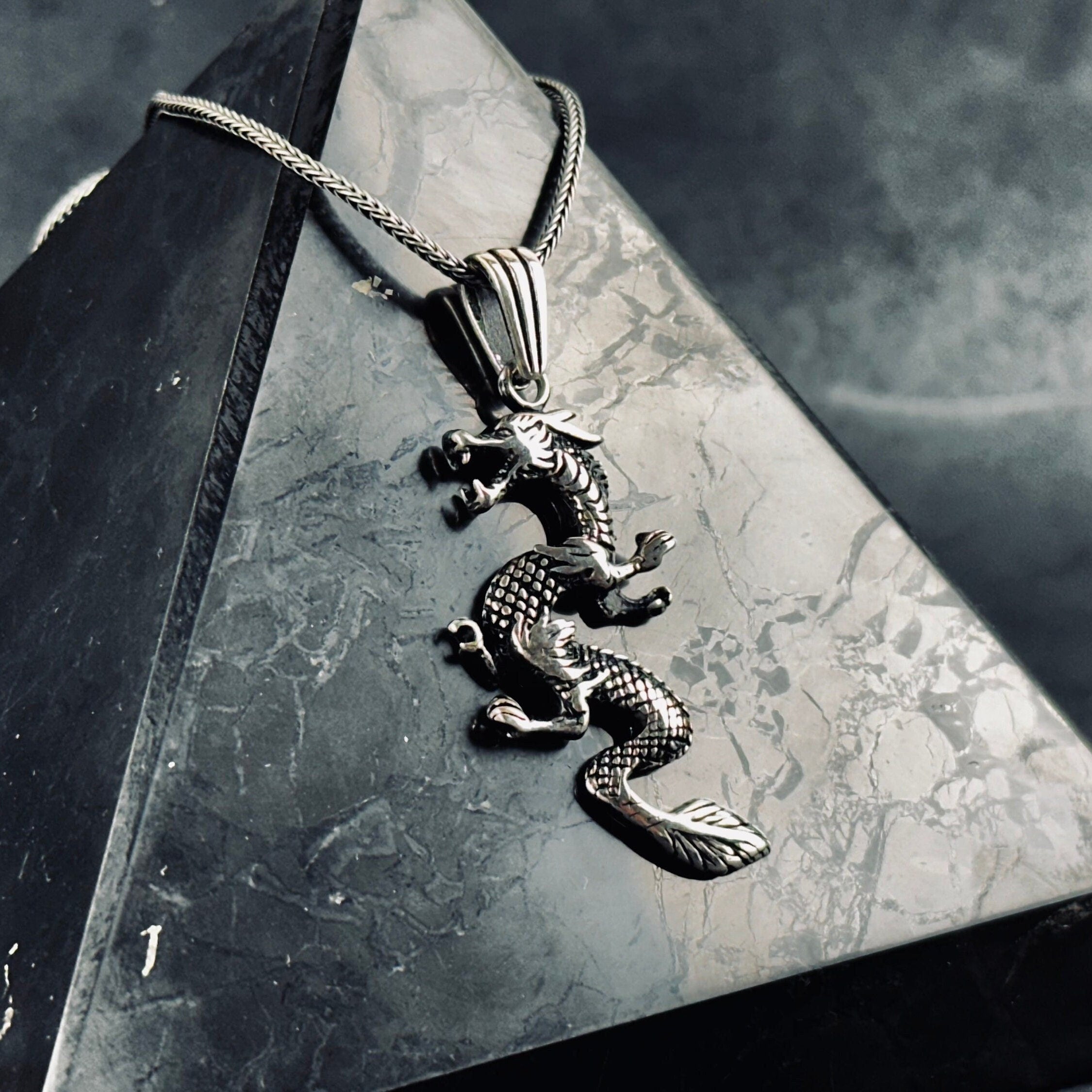 Fantasy Silver Necklace Dragon Charm (Handmade Pendant on Chain)
