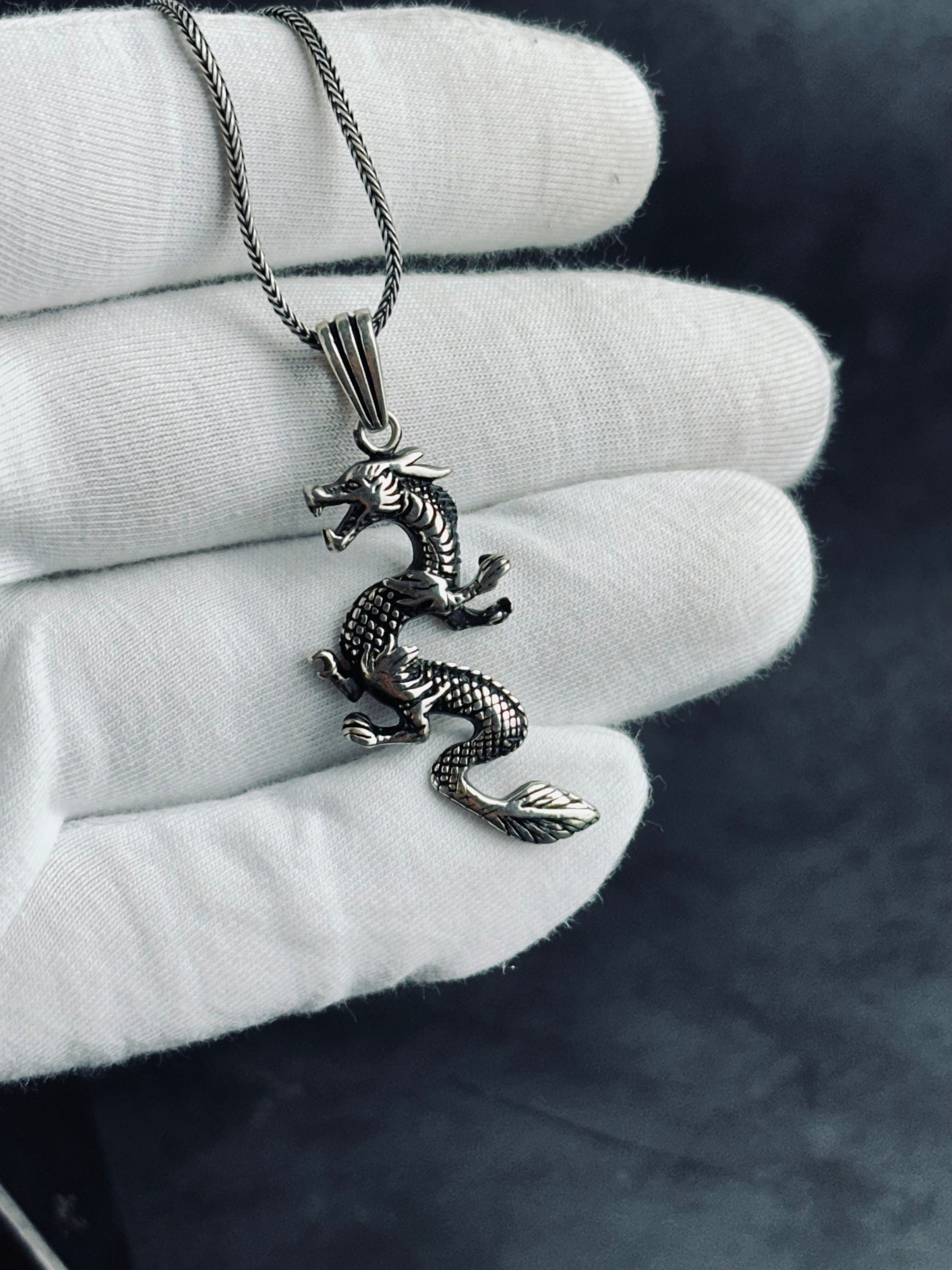 Fantasy Silver Necklace Dragon Charm (Handmade Pendant on Chain)