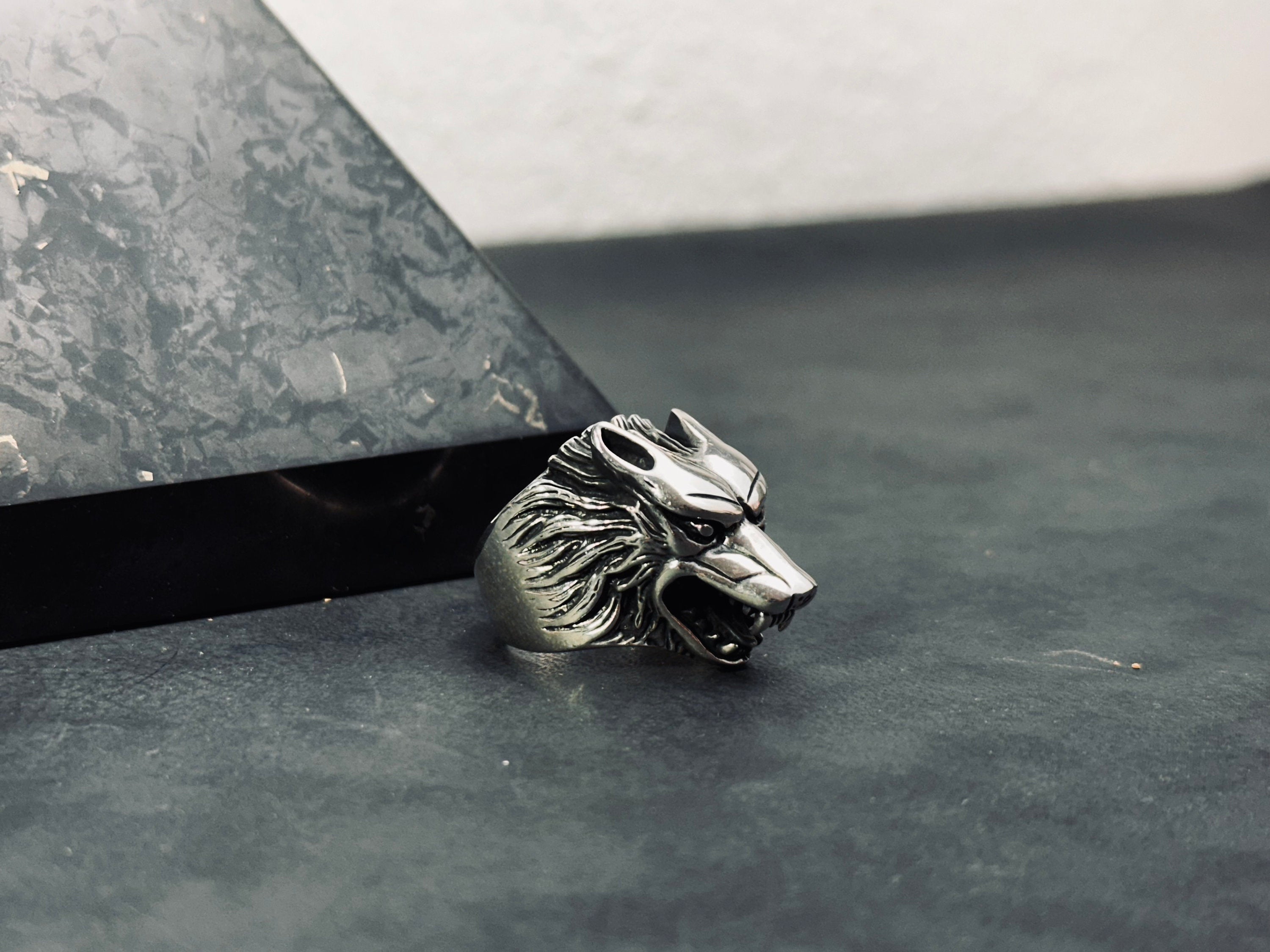 Sterling Silver Wolf Ring, Handmade Animal Design (Men's Size Options)
