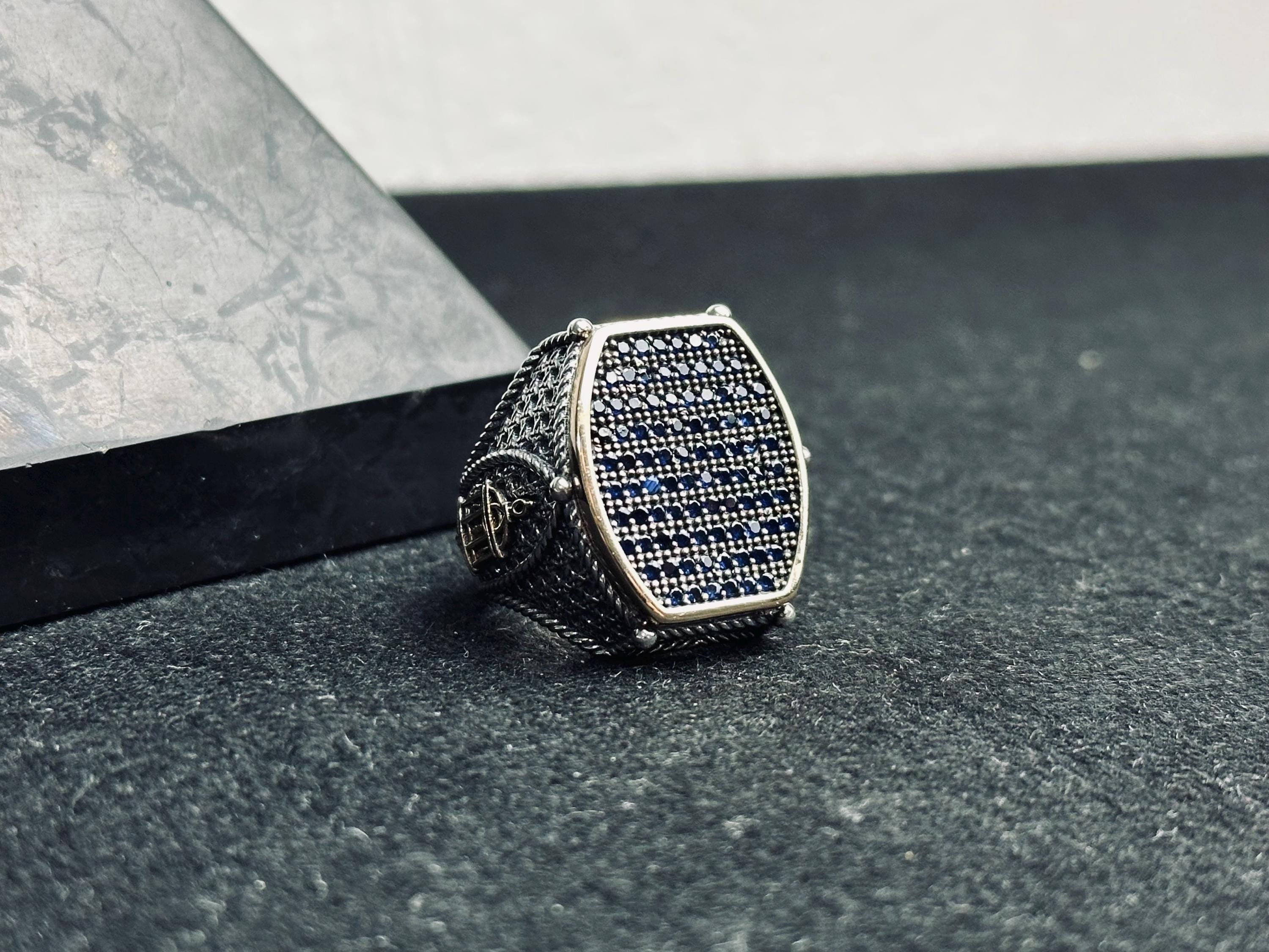 Geometric Men's Silver Ring - Blue Zircon Inset, Handmade