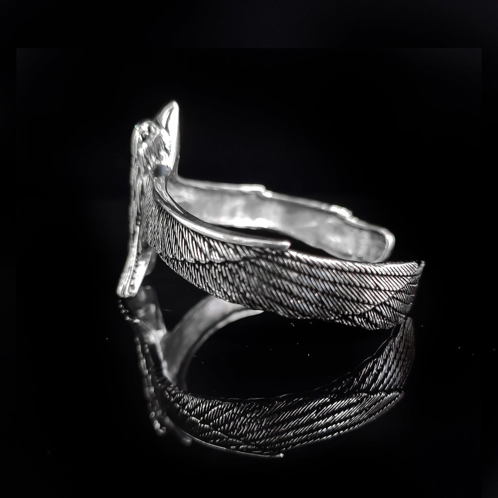 Falcon Sterling Silver Bracelet, Eagle Engraved with Sapphire (Men's Cuff)