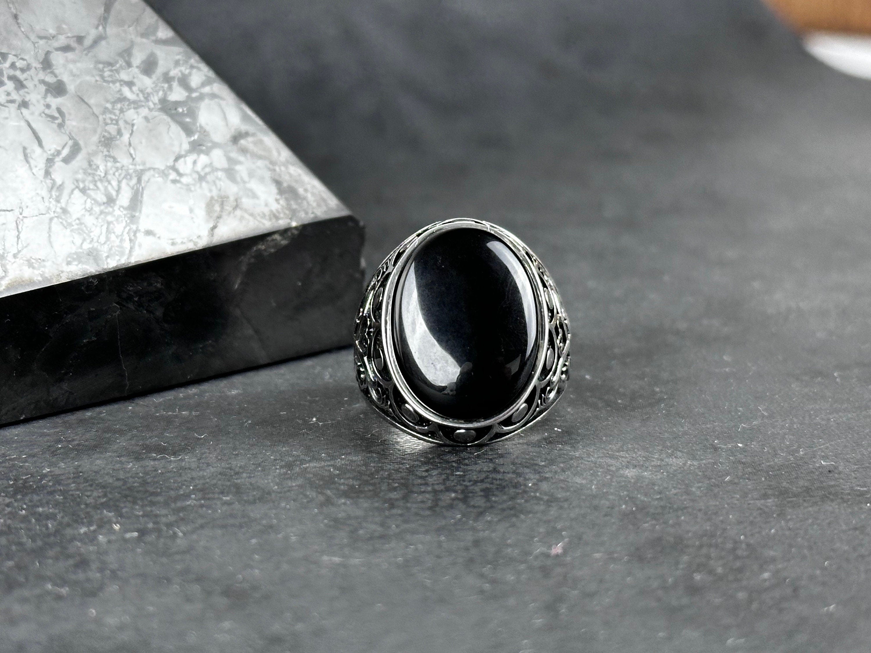 Sterling Silver Onyx Ring Handmade, Natural Cut Stone (Men's Size)