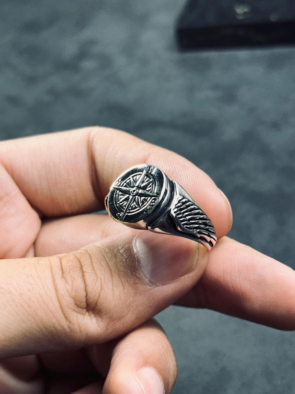 Travel Compass Ring, Sterling Silver, Handmade (Men's Sizes)