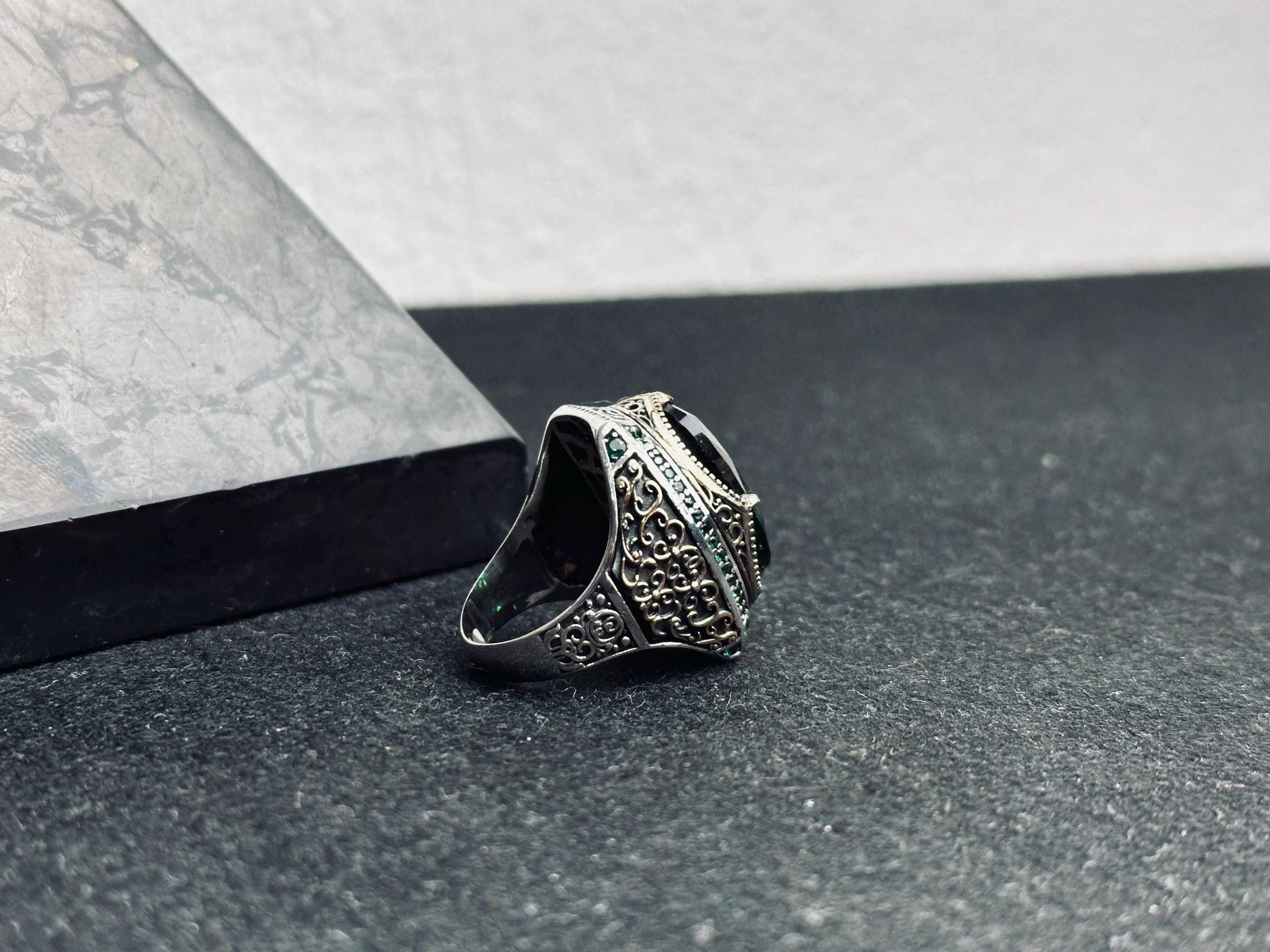 Colombian Emerald Men’s Ring, Oval Stone, Eagle Detail (Sterling Silver)