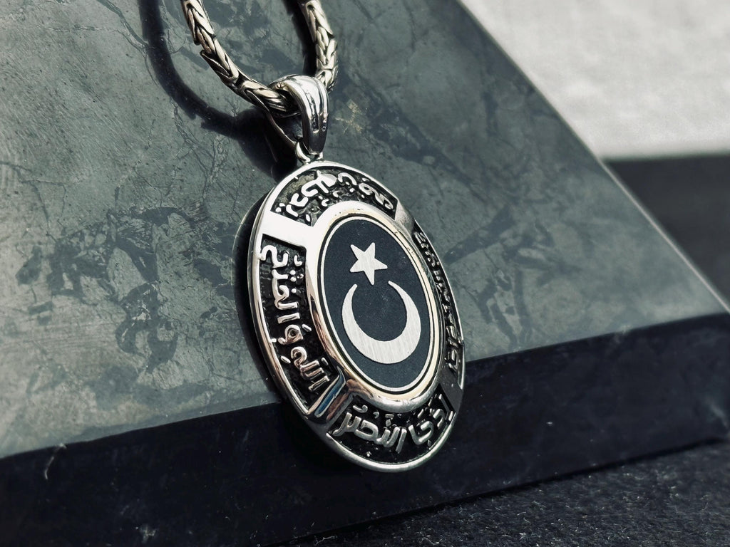 Crescent Moon & Star Necklace, Sterling Silver Oval Pendant (Handmade)