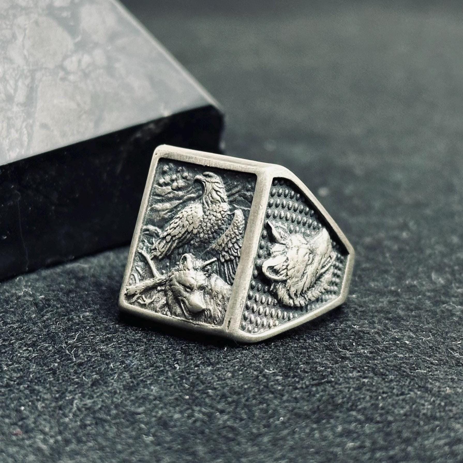 Square Eagle Ring: Sterling Silver Handmade - Patriotic Statement