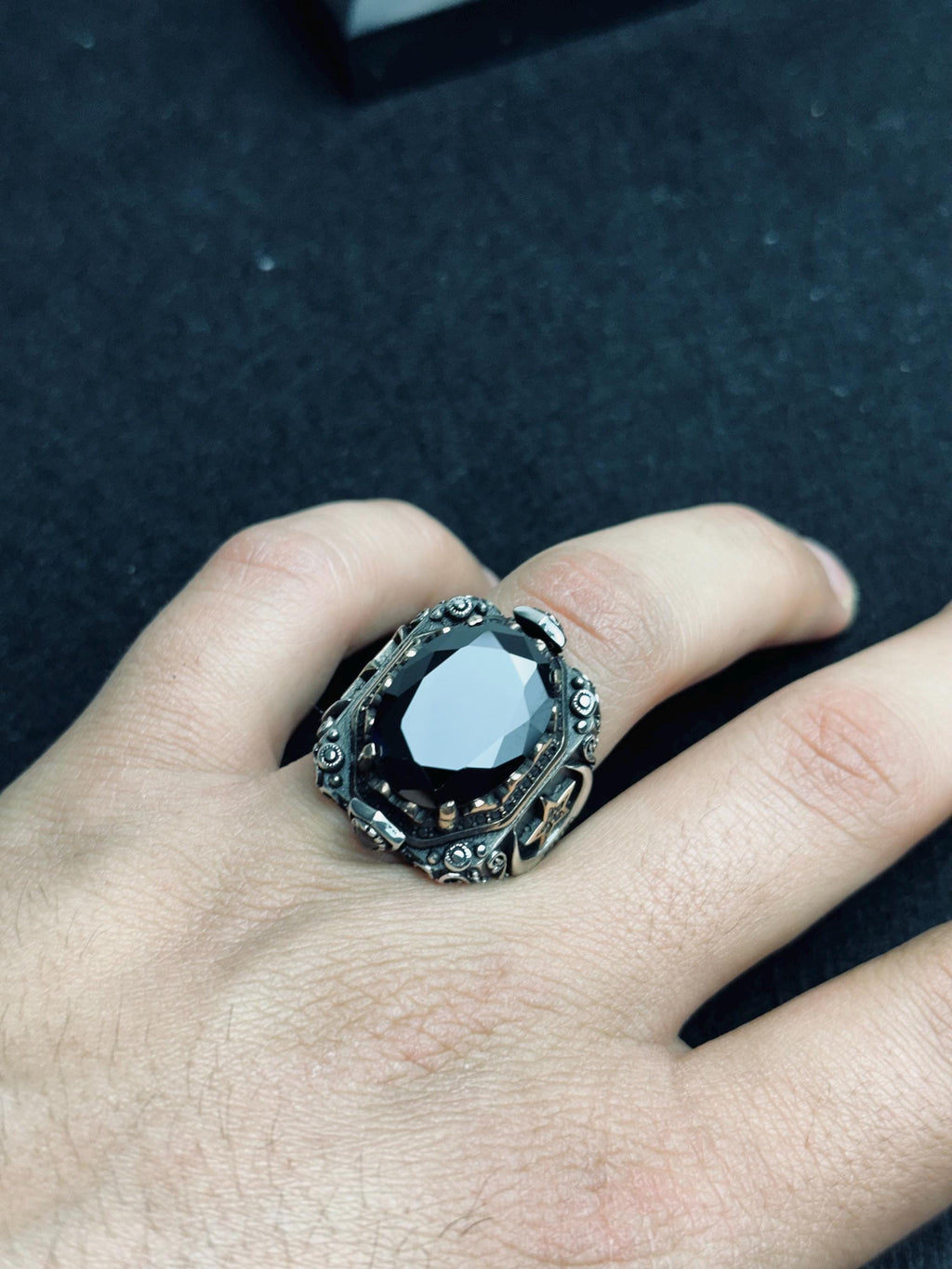 Men's Signet Ring: Black Zircon Stone - Sterling Silver