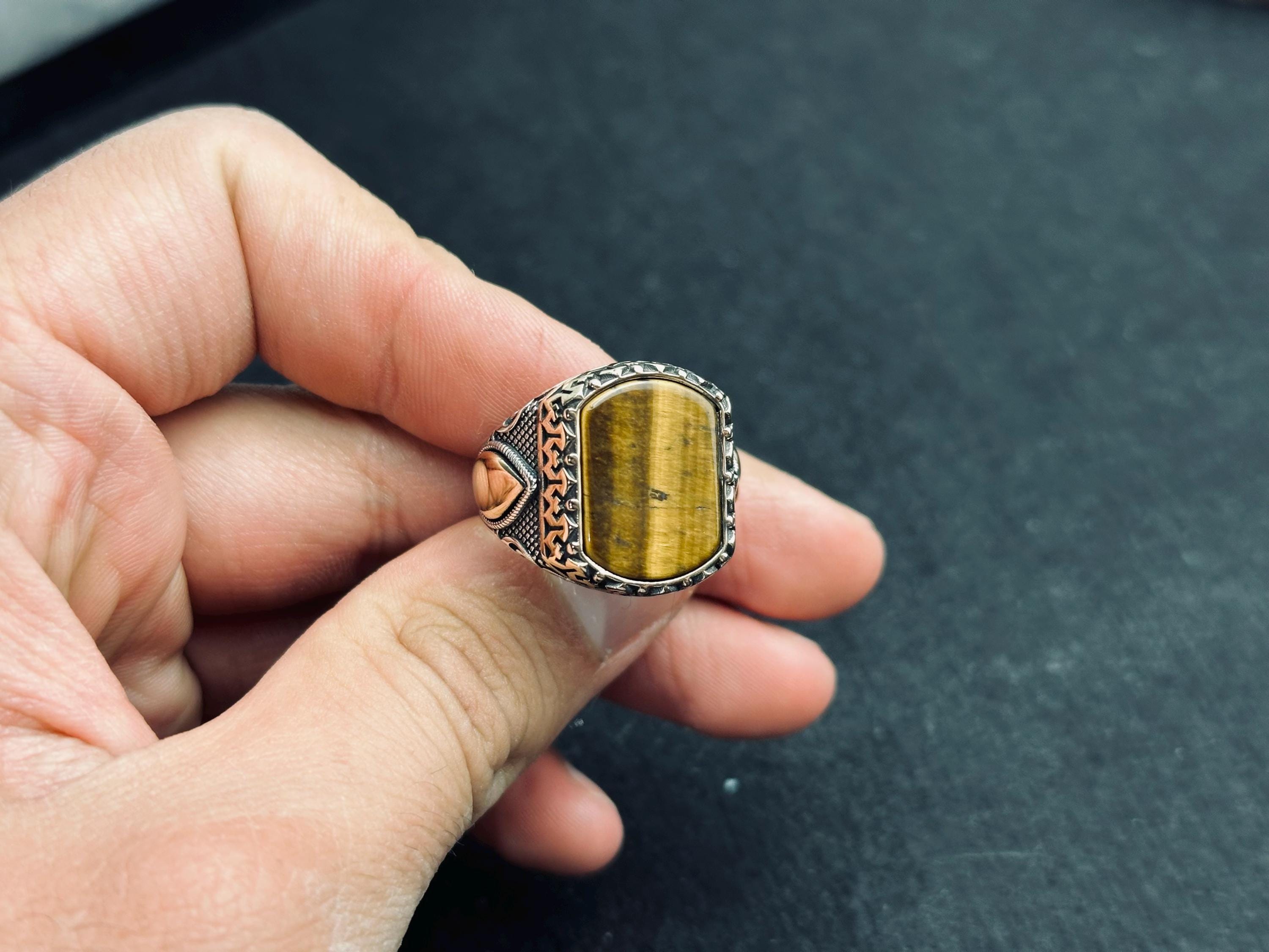 Turkish Sterling Silver Ring, Tiger's Eye Gemstone (Men's Ottoman Style)