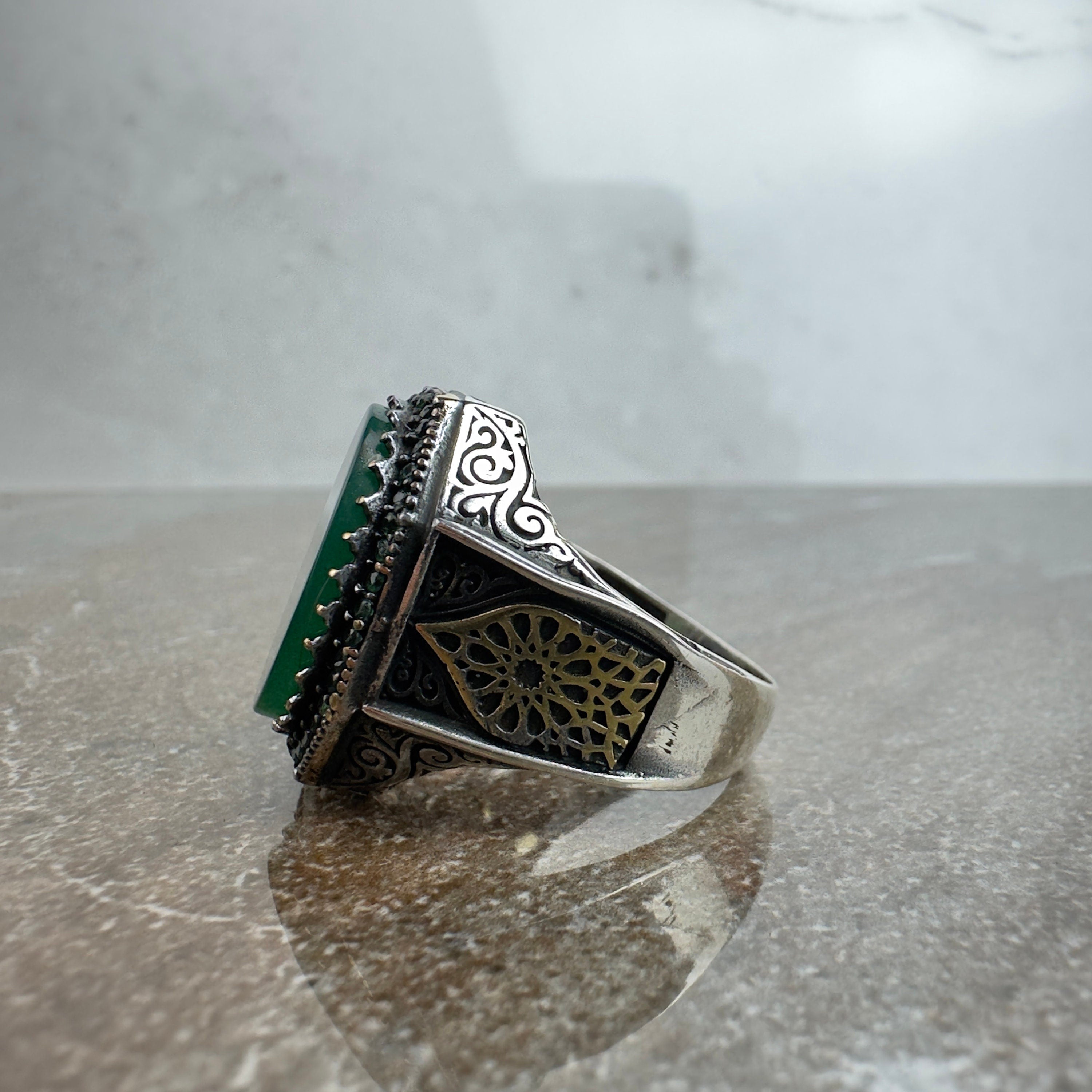 Sterling Silver Ring: Green Agate Stone - Handmade Ottoman Design