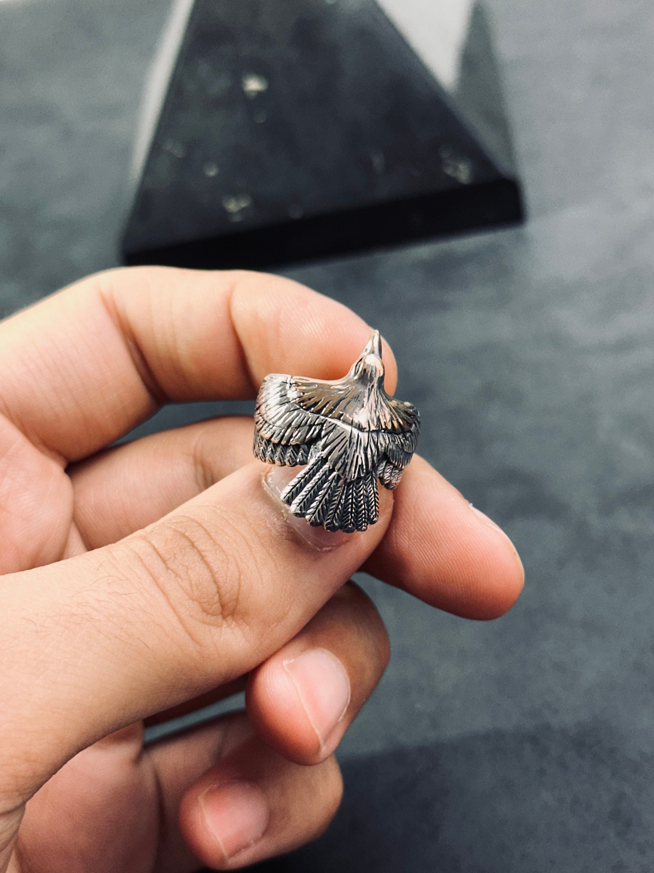 Eagle Silver Ring: Oxidized Sterling, Handmade Minimalist Style