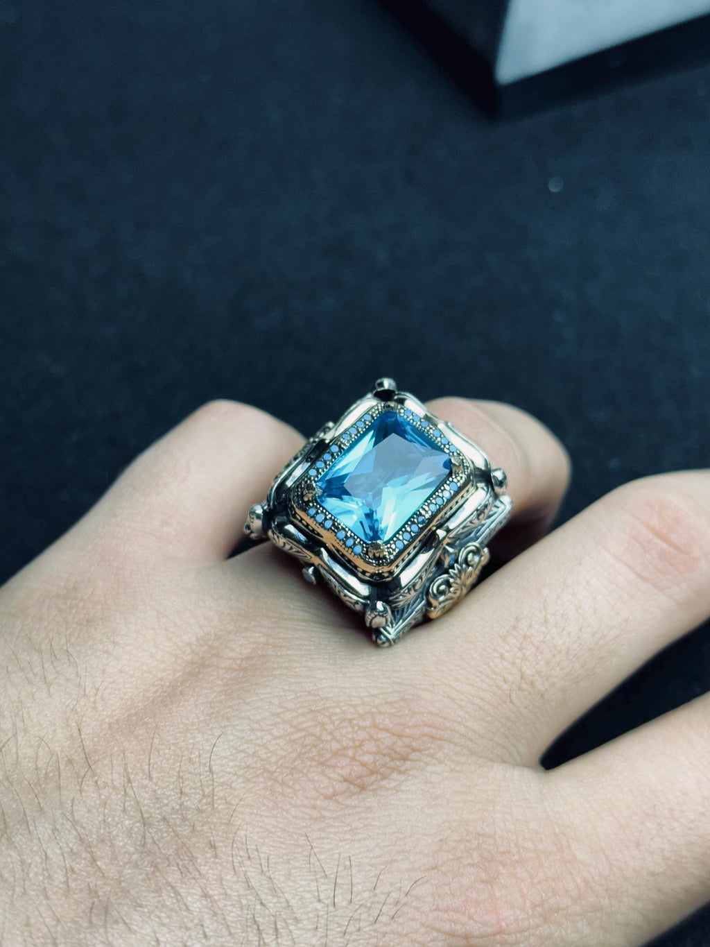 Men's Statement Ring: Large Aquamarine Square Gem - Sterling Silver