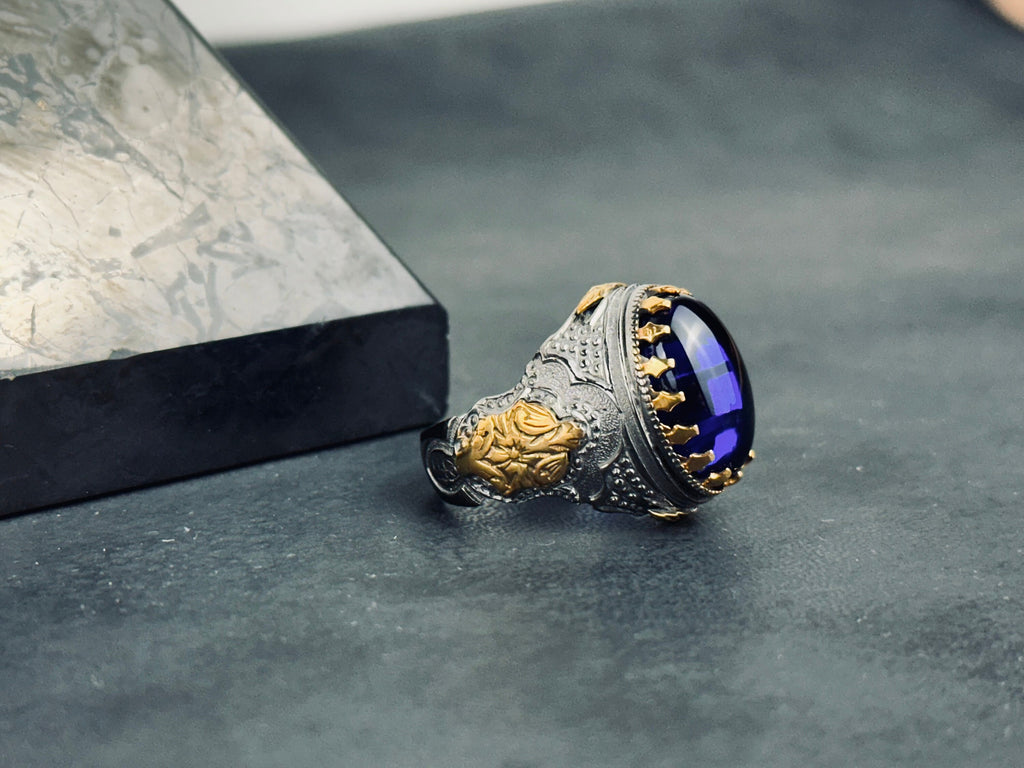 Sterling Silver Ring: Blue Zirconium Stone - Hand Engraved King Theme