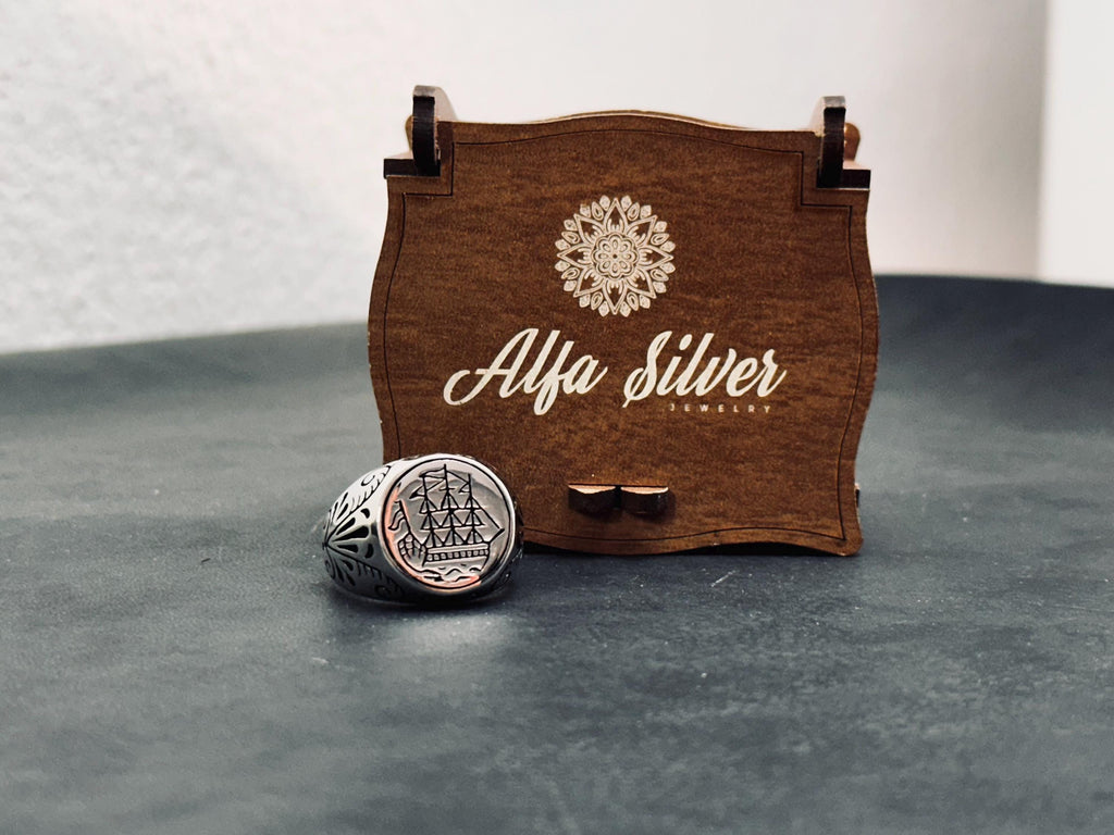 Sterling Silver Ship Ring: Nautical Jewelry (Handmade, Gift Box Included)