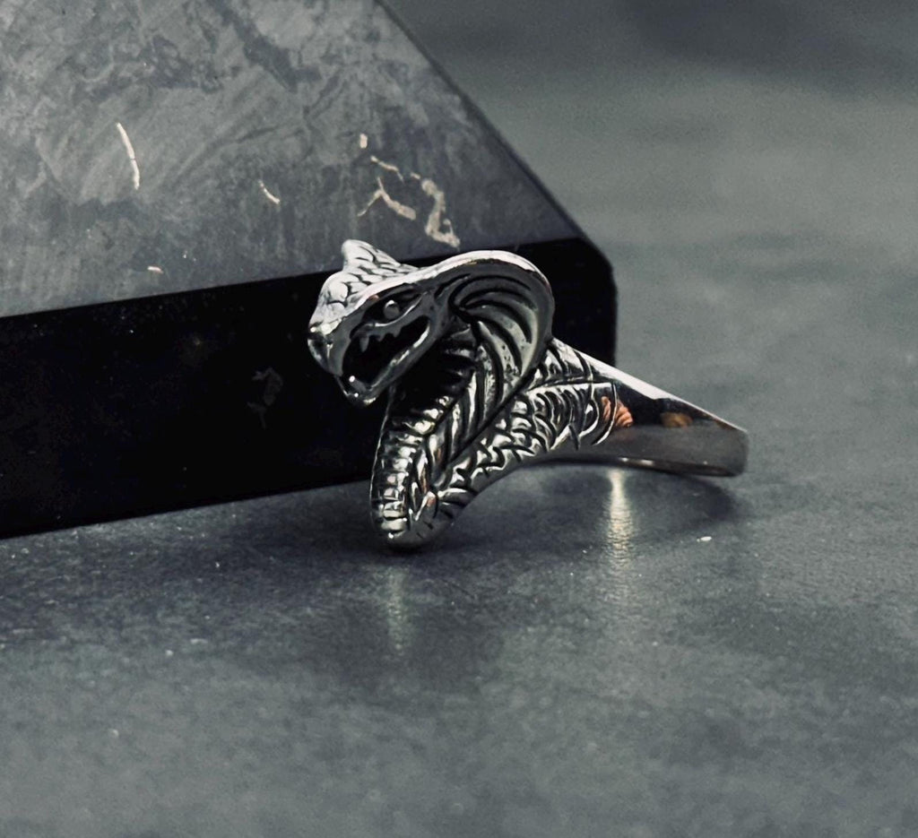 Sterling Silver King Cobra Ring, Snake Head Design (Adjustable)