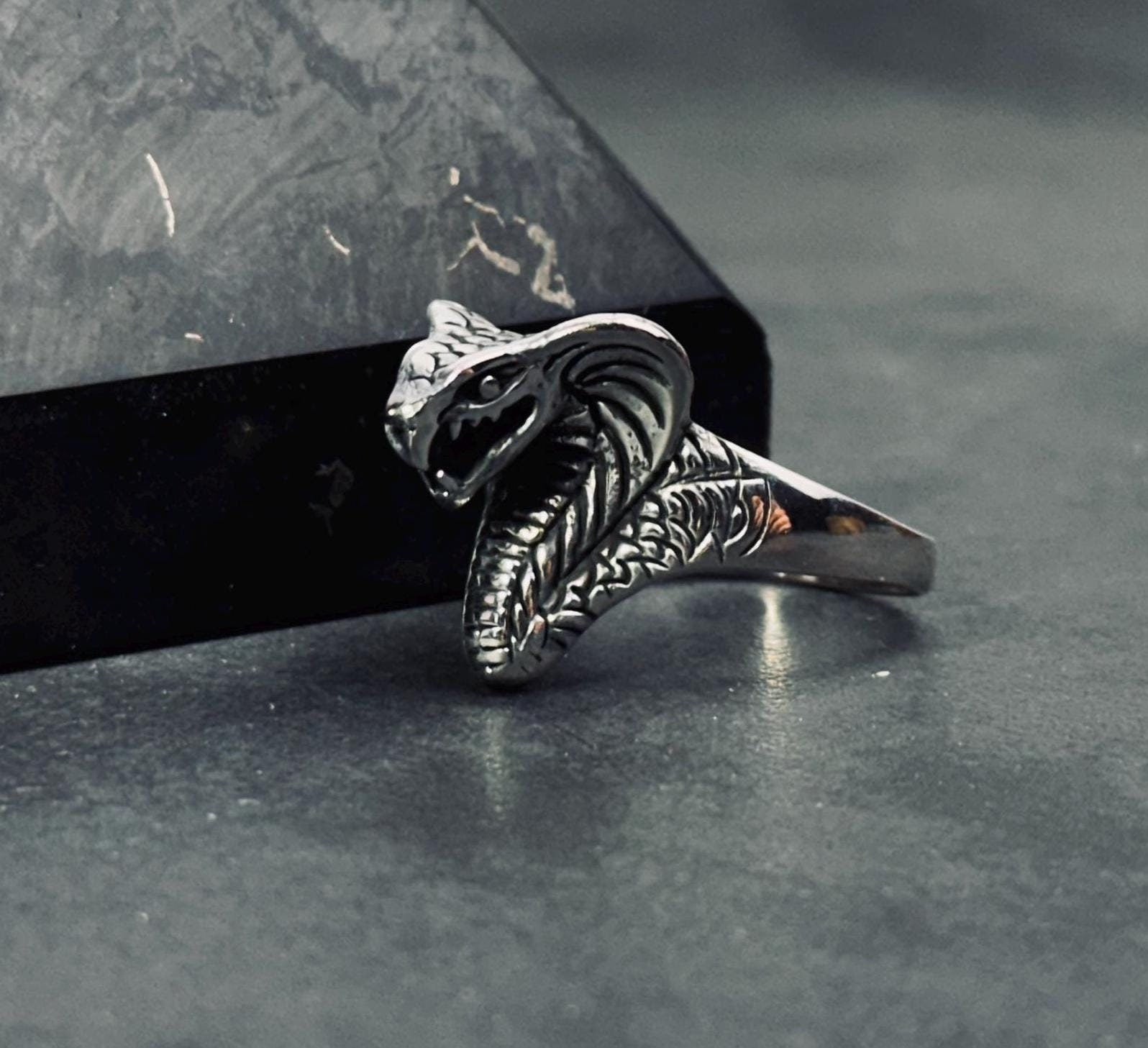 Sterling Silver King Cobra Ring, Snake Head Design (Adjustable)