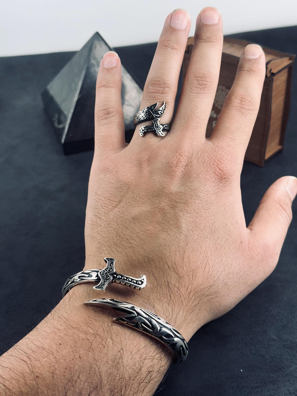 Sterling Silver Zulfiqar Sword Bracelet - Handmade Oxidized Men's Jewelry
