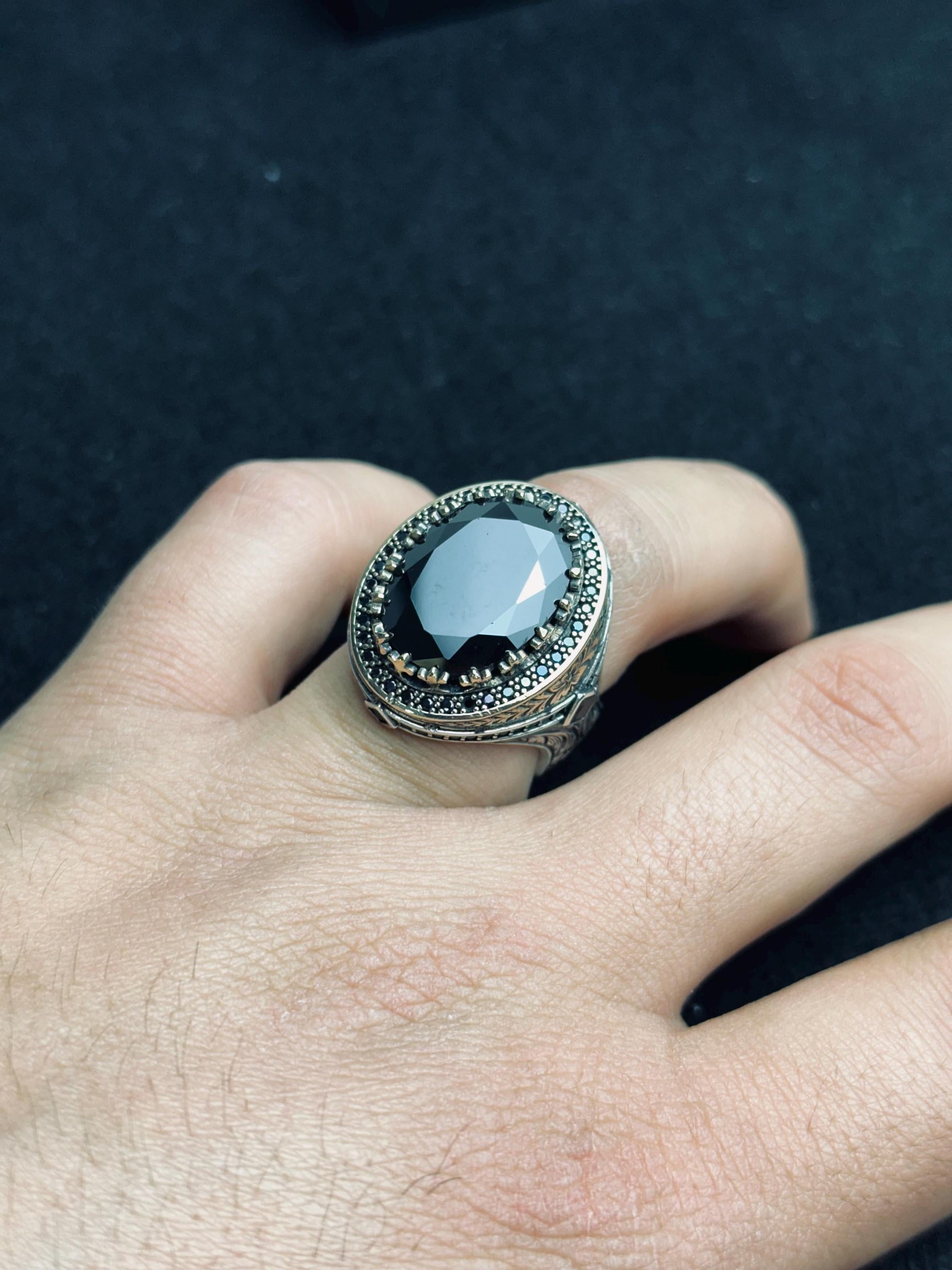 Oxidized Sterling Silver Ring: Handmade Zircon Men's Jewelry