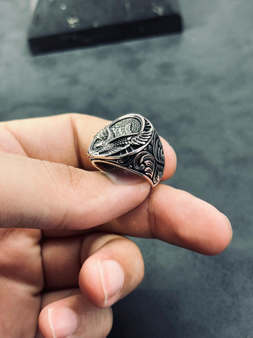 Oxidized Sterling Silver Eagle Ring: Handmade Engraved Design