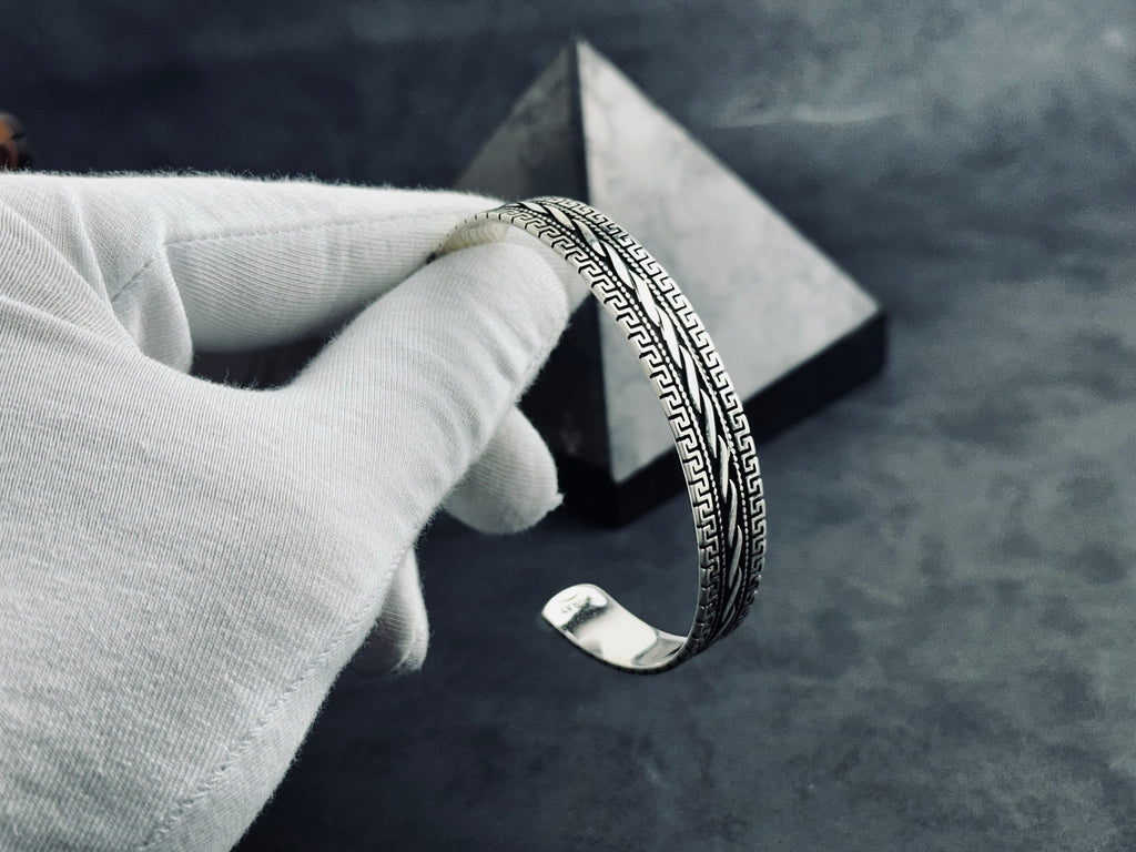 Greek Sterling Silver Cuff Bracelet, Handmade Adjustable (Unisex)