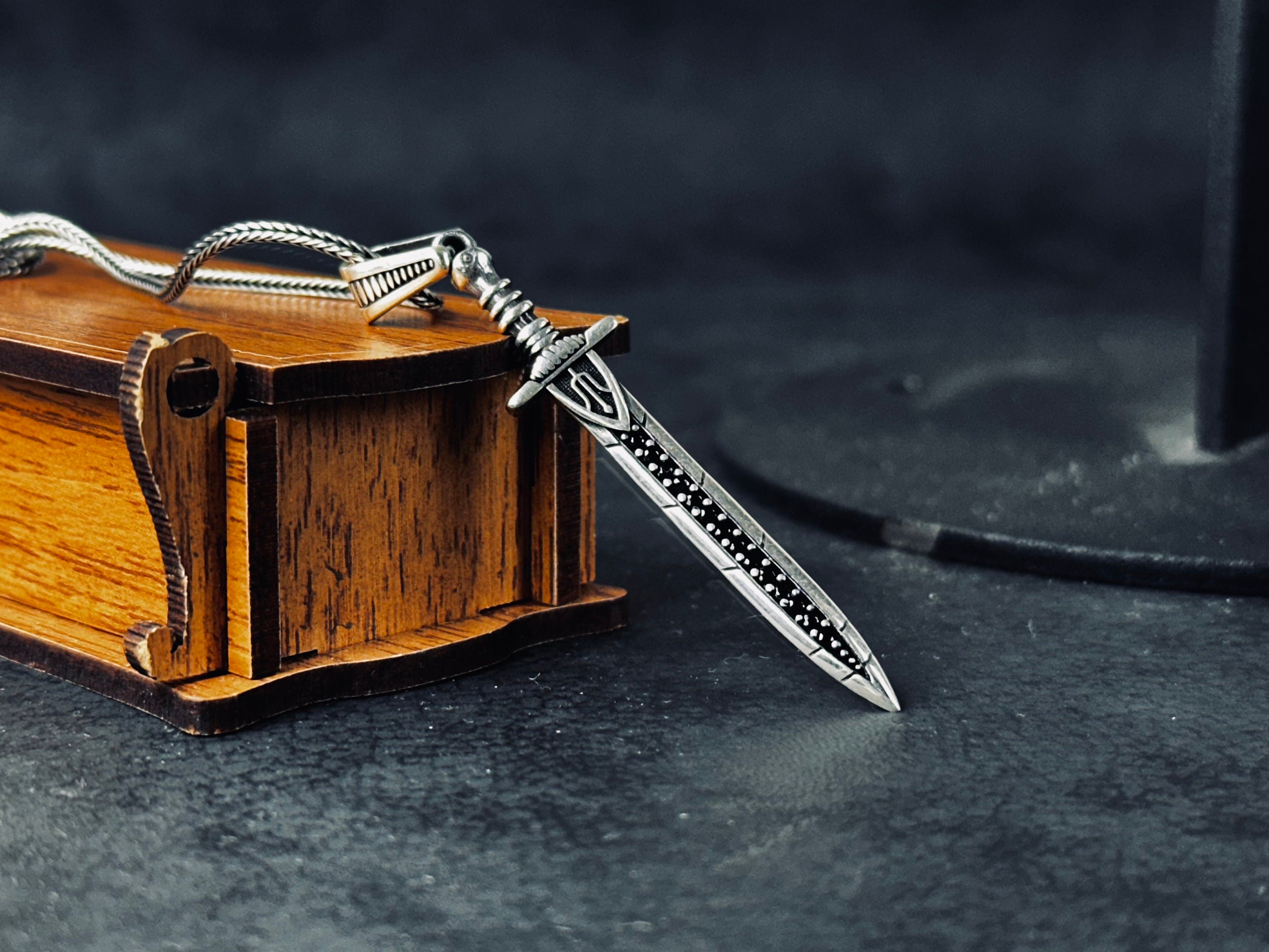 Viking Sword Necklace: Silver Pendant with Zircon Stones