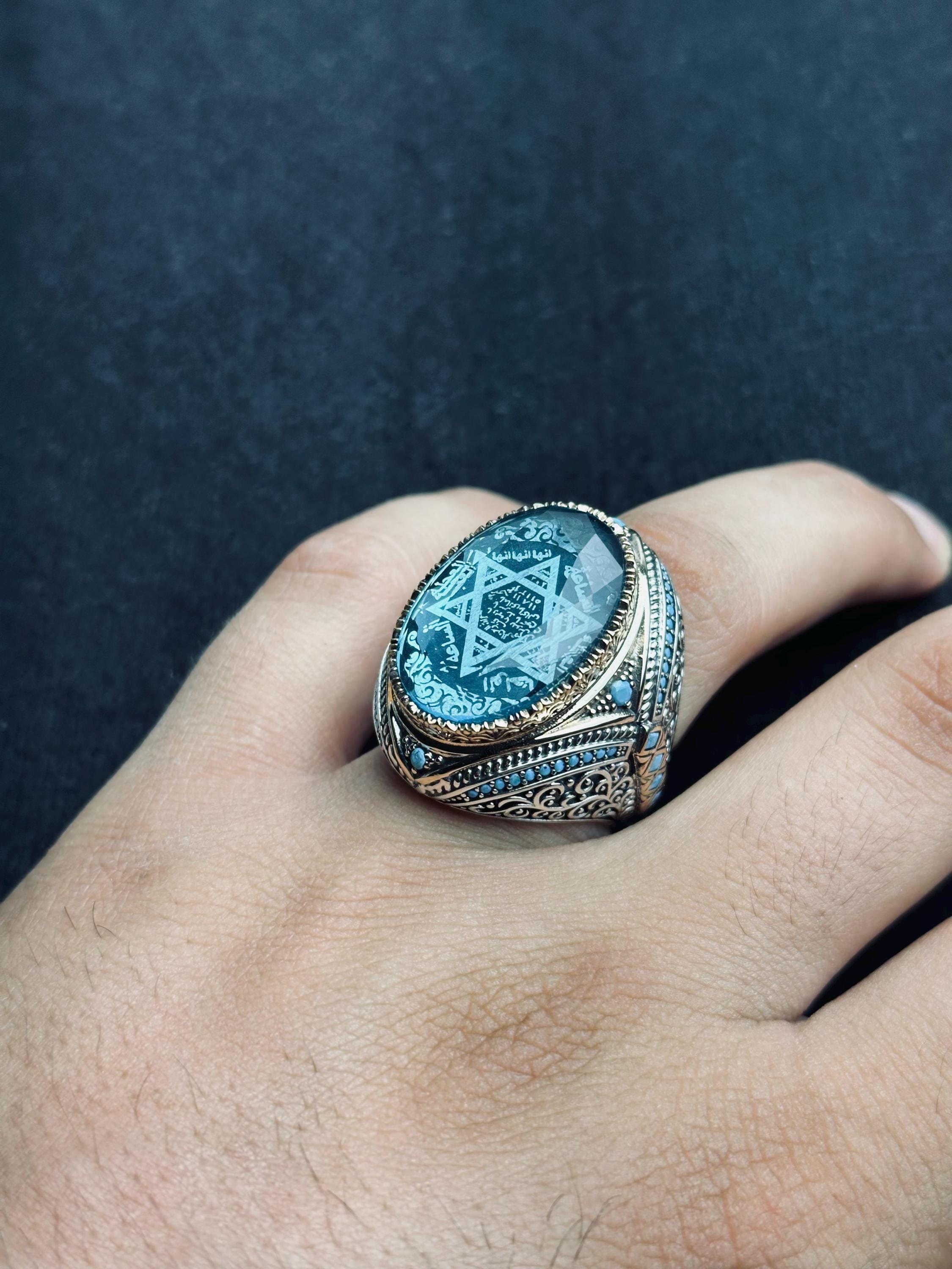 Aquamarine Silver Ring: Handmade Turkish Solomon Seal Design