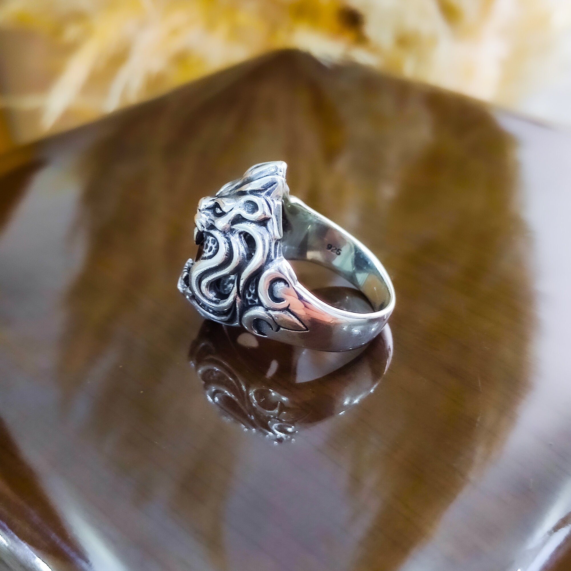 Black Zircon Lion Head Ring - Sterling Silver Men's Statement
