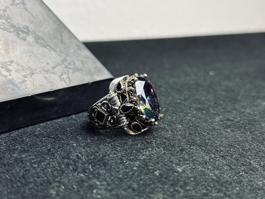 Men's Sterling Silver Ring: Mystic Topaz & Zircon Accents (Handmade)