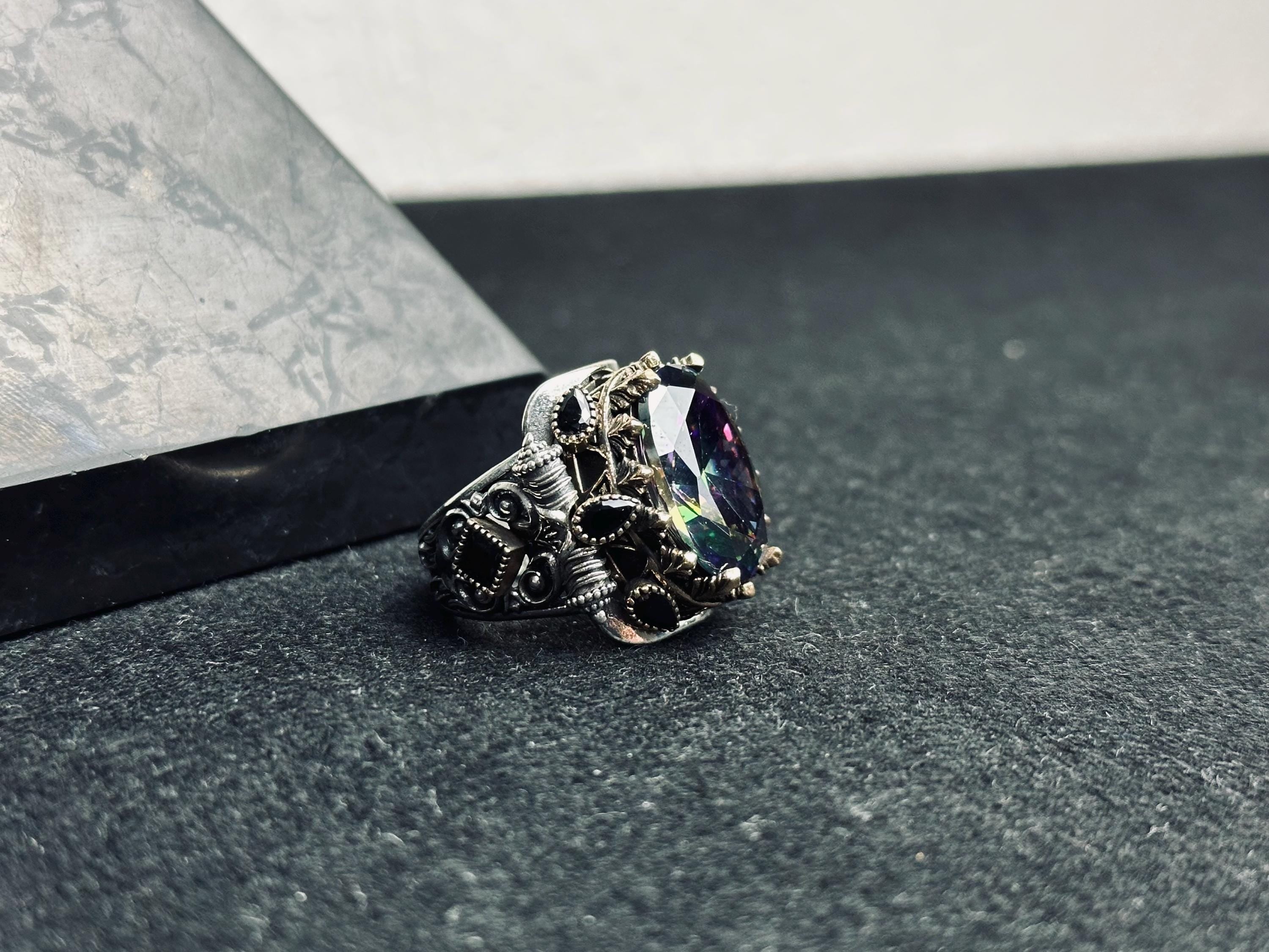 Men's Sterling Silver Ring: Mystic Topaz & Zircon Accents (Handmade)