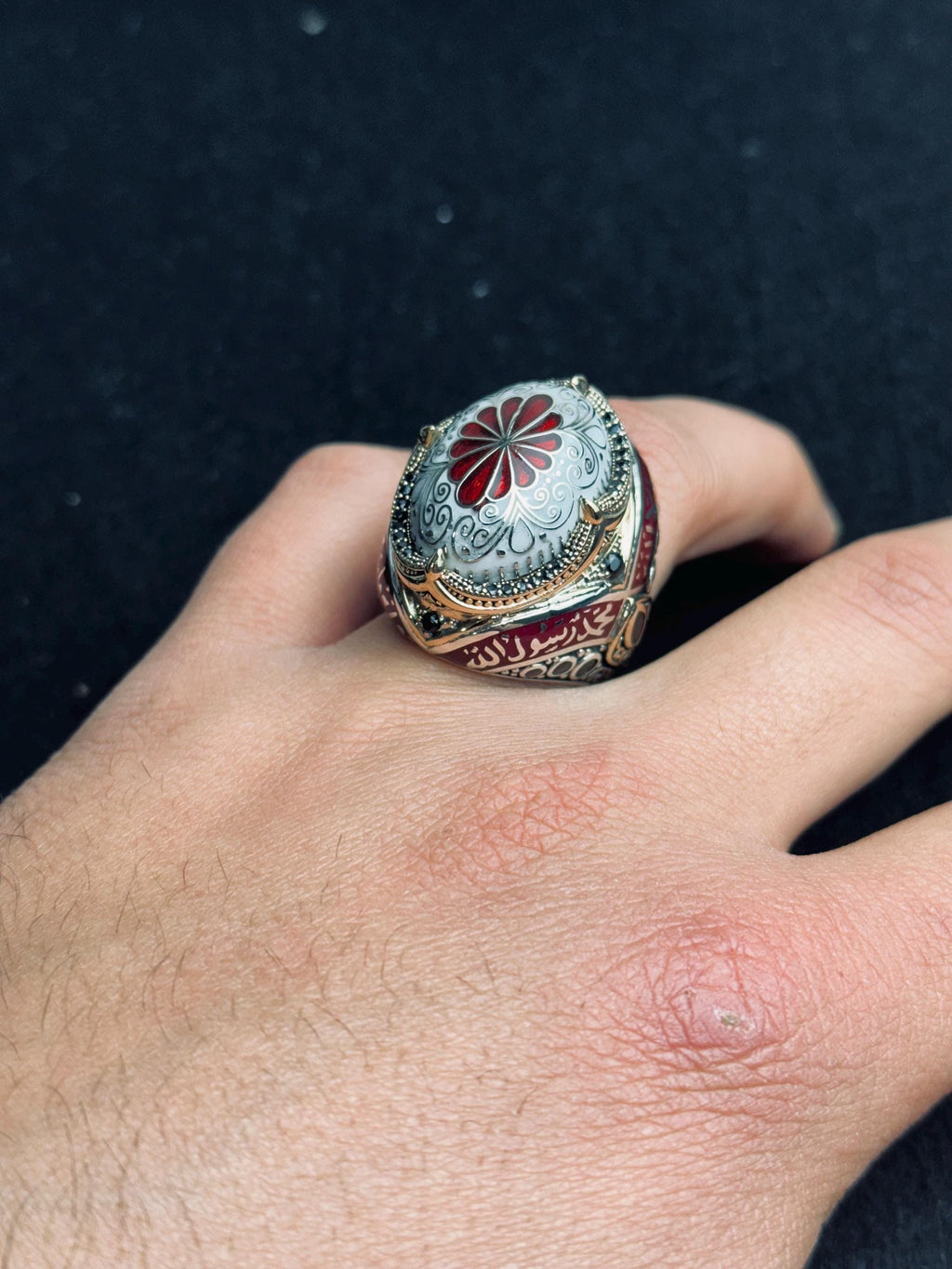 Red Enamel Islamic Ring, 925 Sterling Silver Arabic Calligraphy