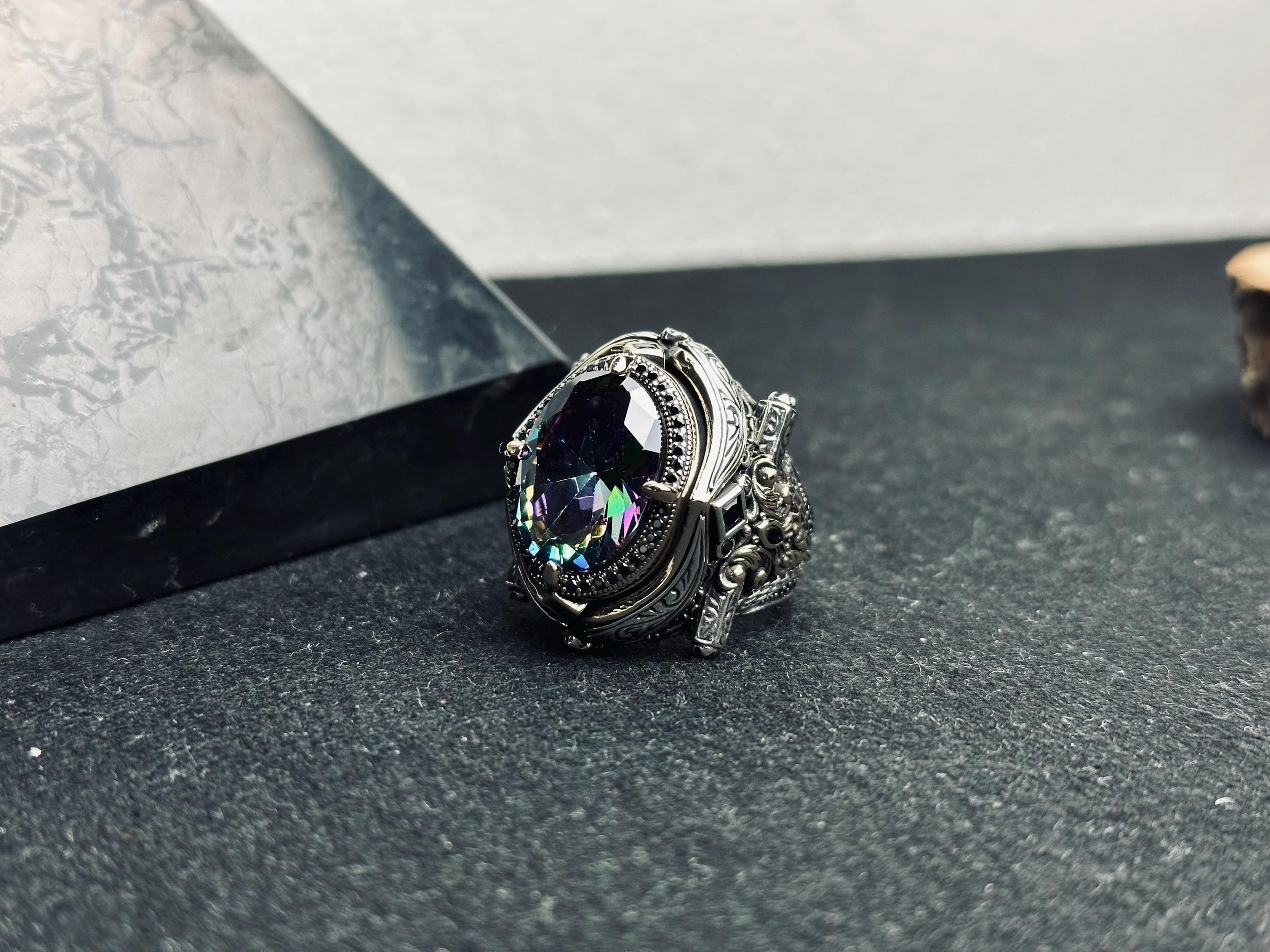 Men's Mystic Topaz Ring: Bold Silver Statement - Handmade in Turkey