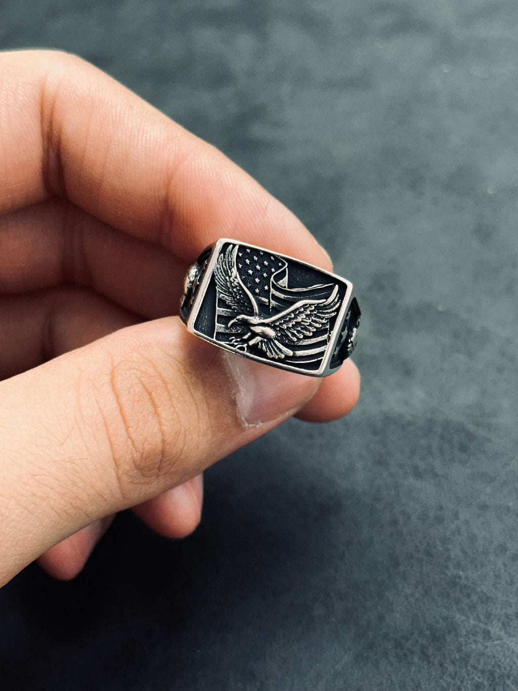 Eagle Ring: Sterling Silver American Flag Style (Men's Statement Jewelry)