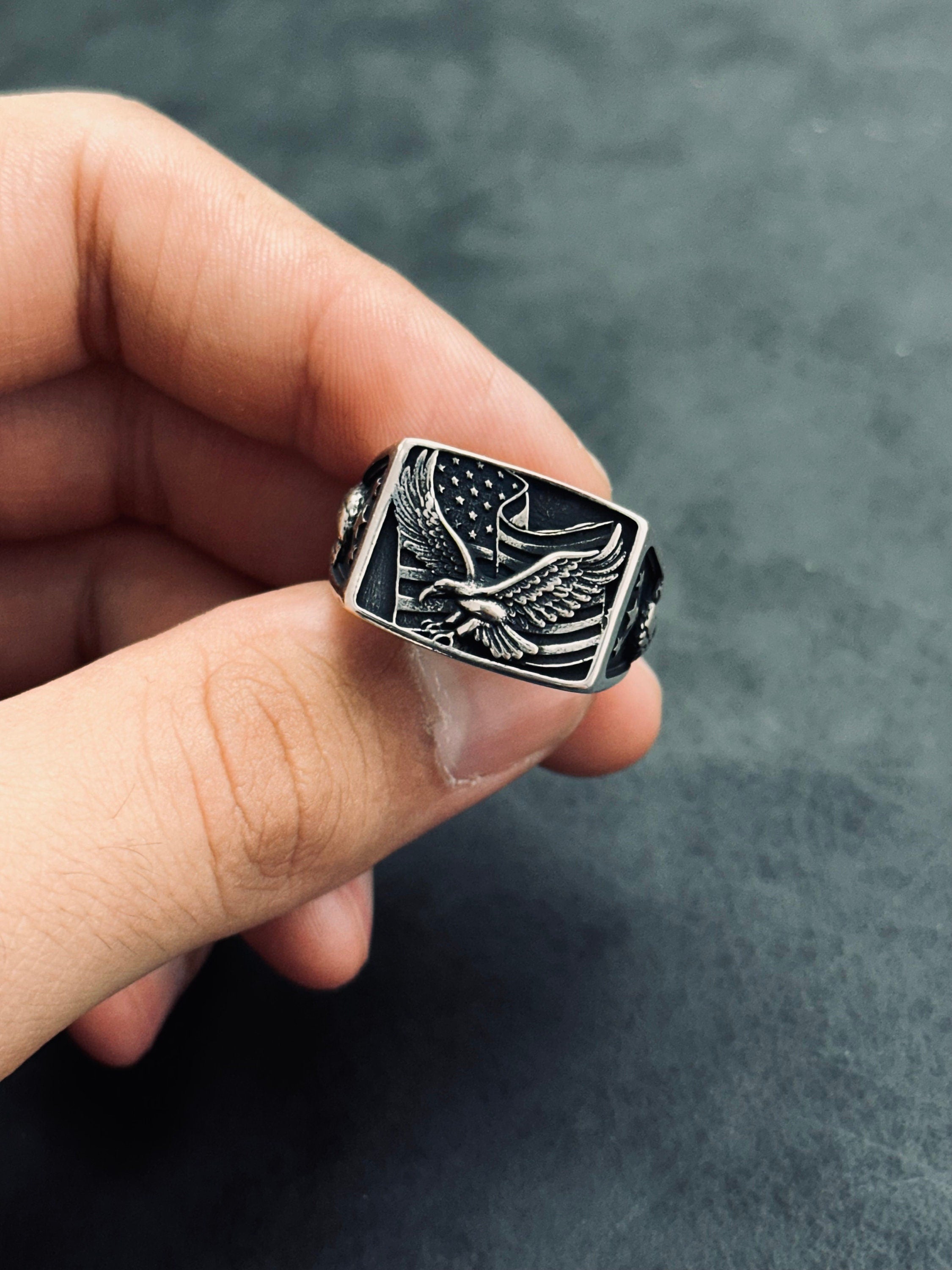 Eagle Ring: Sterling Silver American Flag Style (Men's Statement Jewelry)