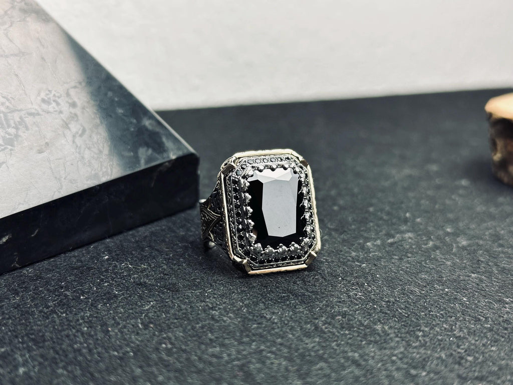 Square Black Zircon Men's Ring - Handmade Sterling Silver Vintage Look