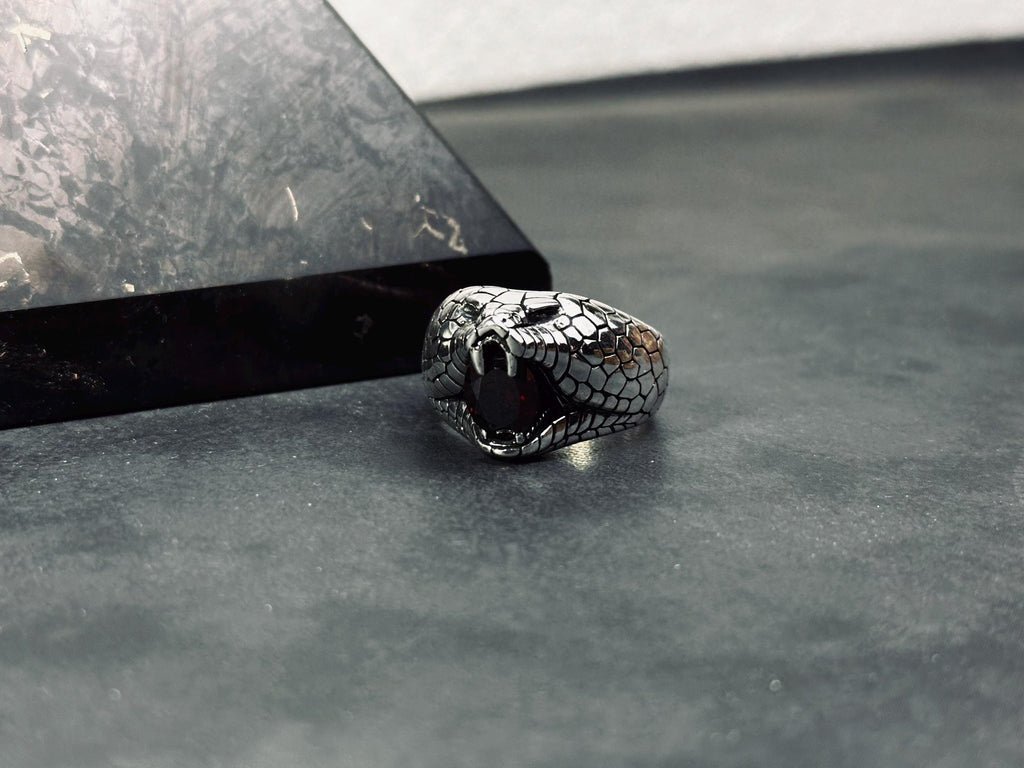 Engraved Sterling Silver Snake Ring: Red Cubic Zirconia Accent